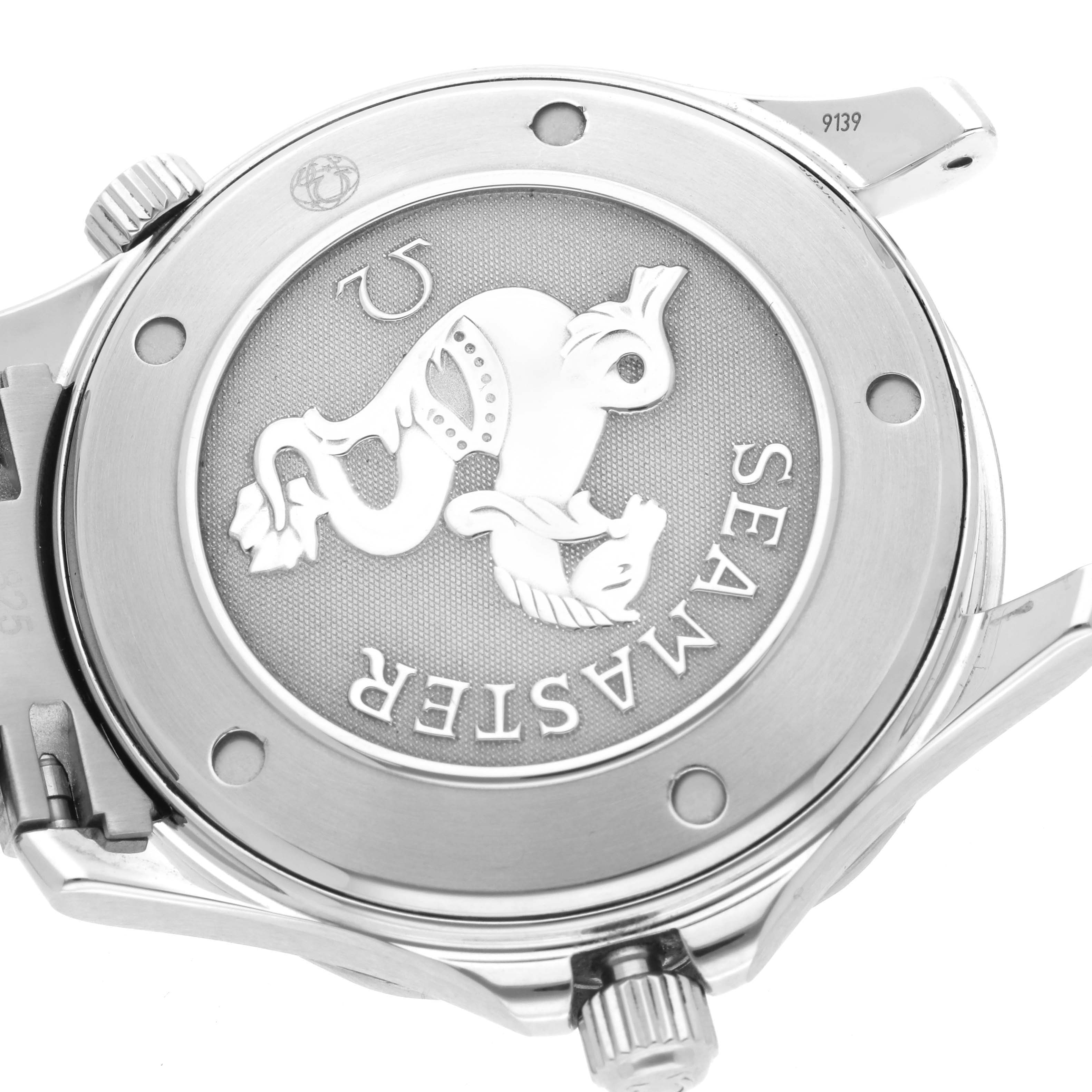 The image shows the back case of an Omega Seamaster 212.30.41.61.01.001 Men
s Stainless Steel Black Dial 212.30.41.61.01.001 Men
s Stainless Steel Black Dial watch, highlighting its engraving and seamonster logo.