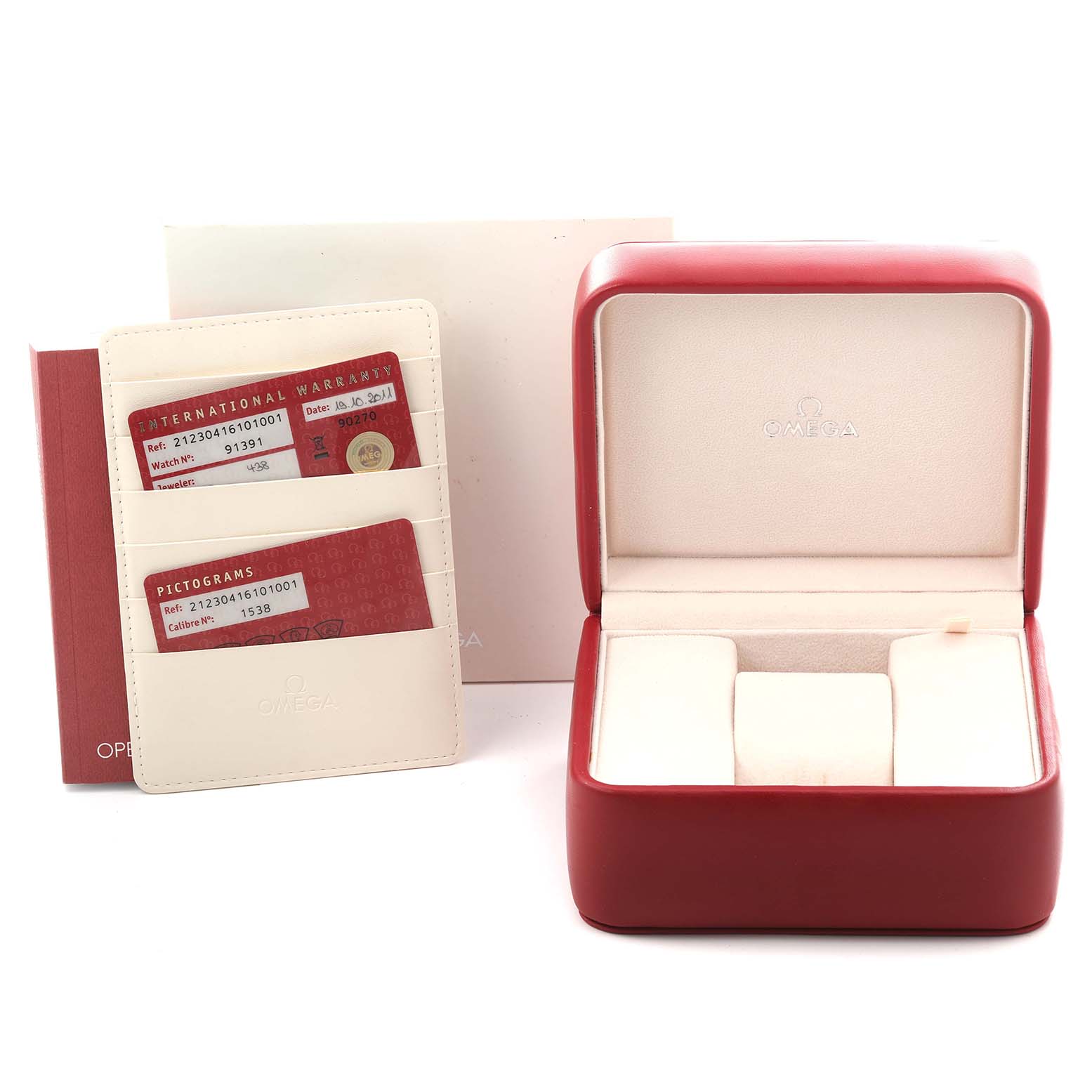 The image shows an Omega Seamaster 212.30.41.61.01.001 Men
s Stainless Steel Black Dial 212.30.41.61.01.001 Men
s Stainless Steel Black Dial watch box, warranty cards, and a cardholder, angled to display the open interior and documentation.