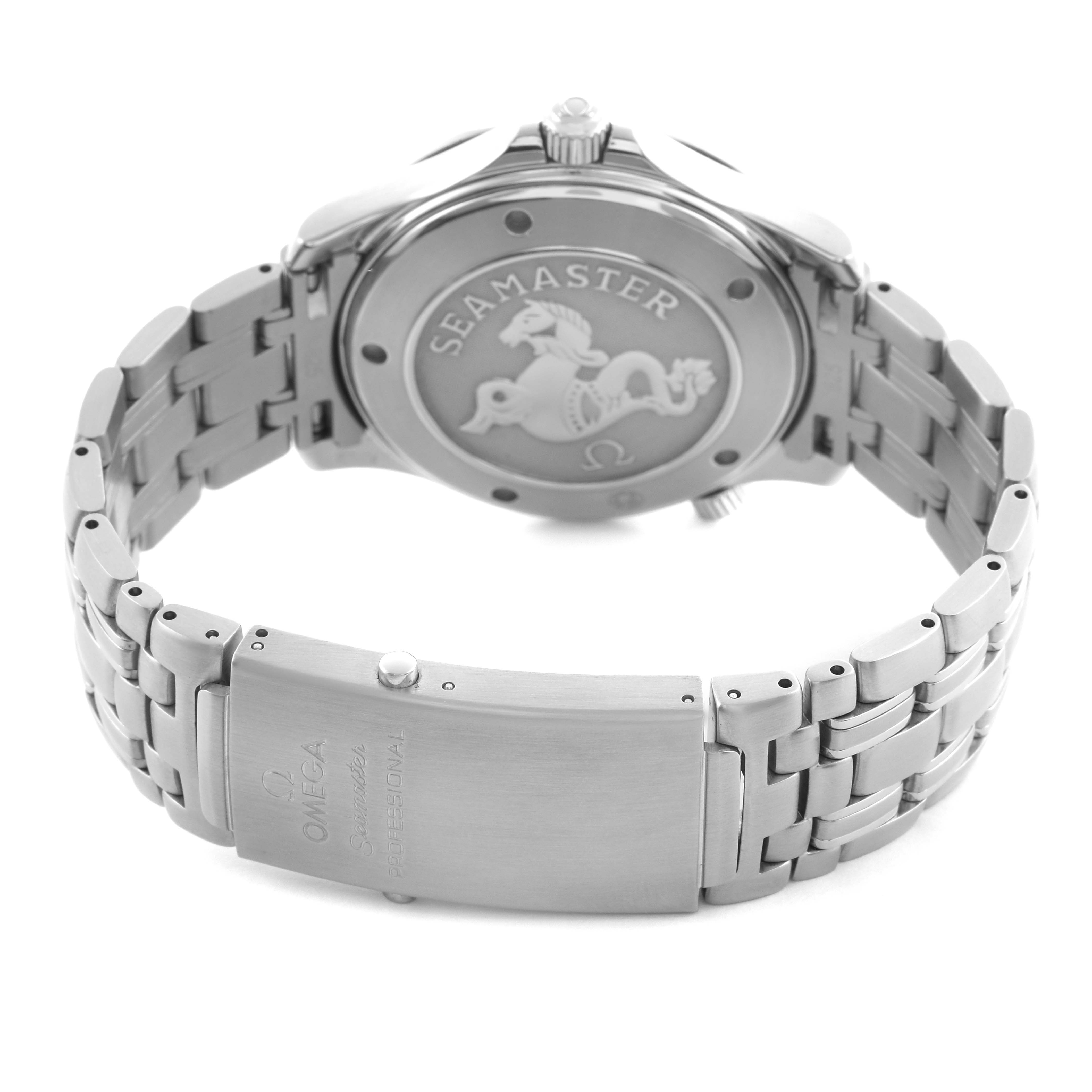 The Omega Seamaster 212.30.41.61.01.001 Men
s Stainless Steel Black Dial 212.30.41.61.01.001 Men
s Stainless Steel Black Dial watch is shown from the back, highlighting the case back, bracelet, and clasp.