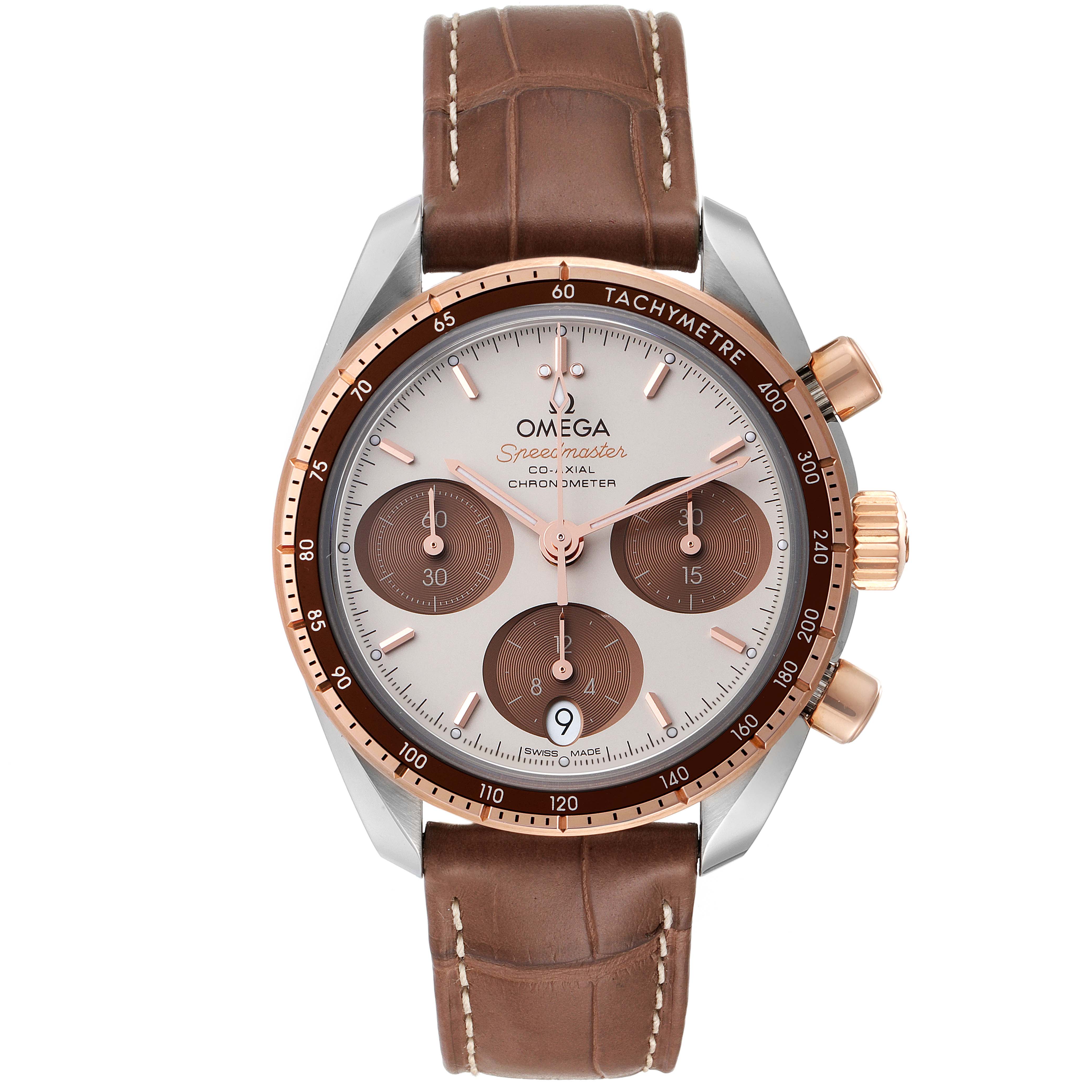 The image shows a frontal view of an Omega Speedmaster 324.23.38.50.02.002 Men's Steel and Gold (two tone) Silver Dial 324.23.38.50.02.002 Men's Steel and Gold (two tone) Silver Dial watch with a brown leather strap and rose gold tachymeter bezel.