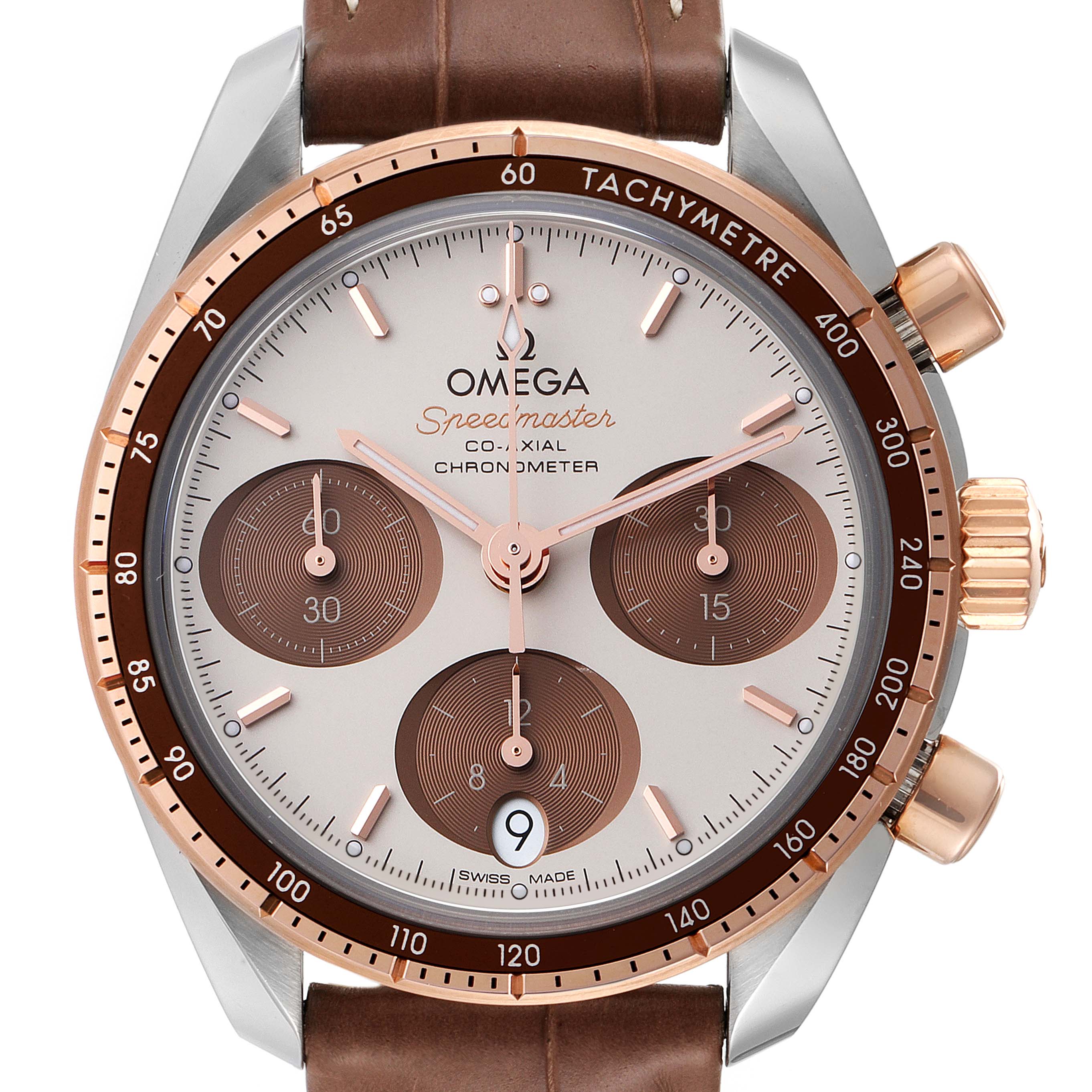 The Omega Speedmaster 324.23.38.50.02.002 Men's Steel and Gold (two tone) Silver Dial 324.23.38.50.02.002 Men's Steel and Gold (two tone) Silver Dial watch is shown from a top-down angle, highlighting the dial, chronograph sub-dials, bezel, and crown.