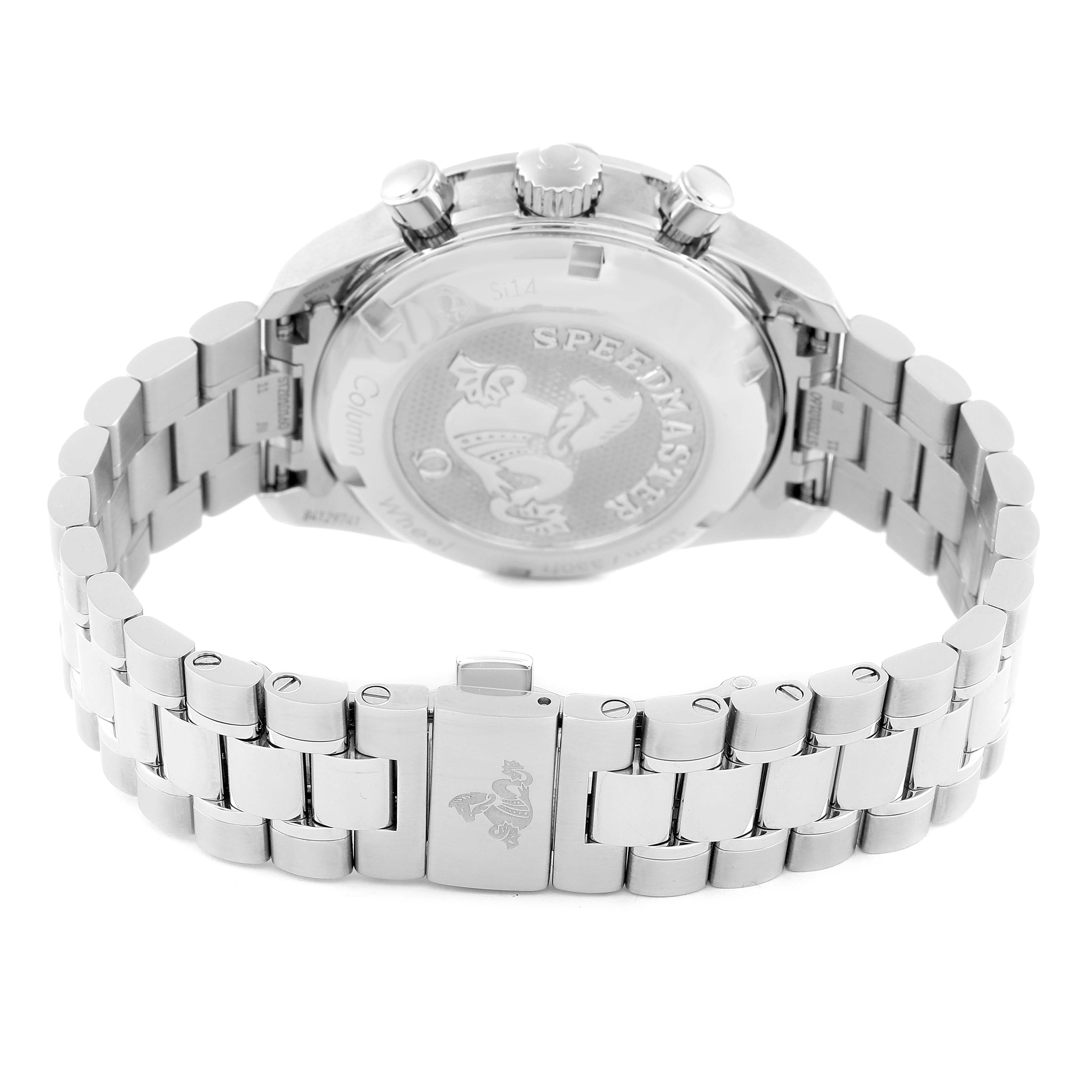 The image shows the Omega Speedmaster 324.30.38.50.01.001 Men's Stainless Steel Black Dial 324.30.38.50.01.001 Men's Stainless Steel Black Dial's back case and part of its stainless steel bracelet from a rear angle.