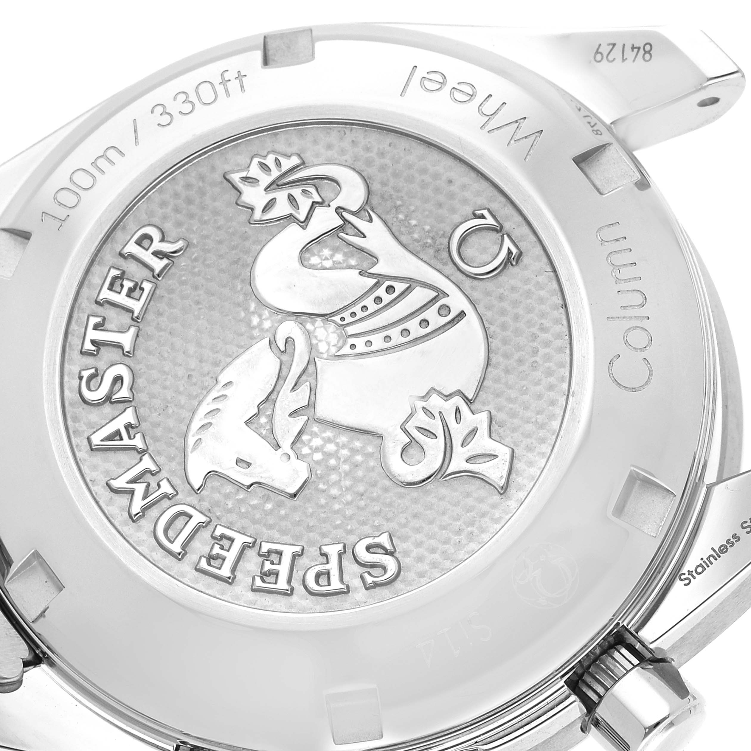 This image shows the case back of an Omega Speedmaster 324.30.38.50.01.001 Men's Stainless Steel Black Dial 324.30.38.50.01.001 Men's Stainless Steel Black Dial watch, showcasing the brand's emblem and engraved details.