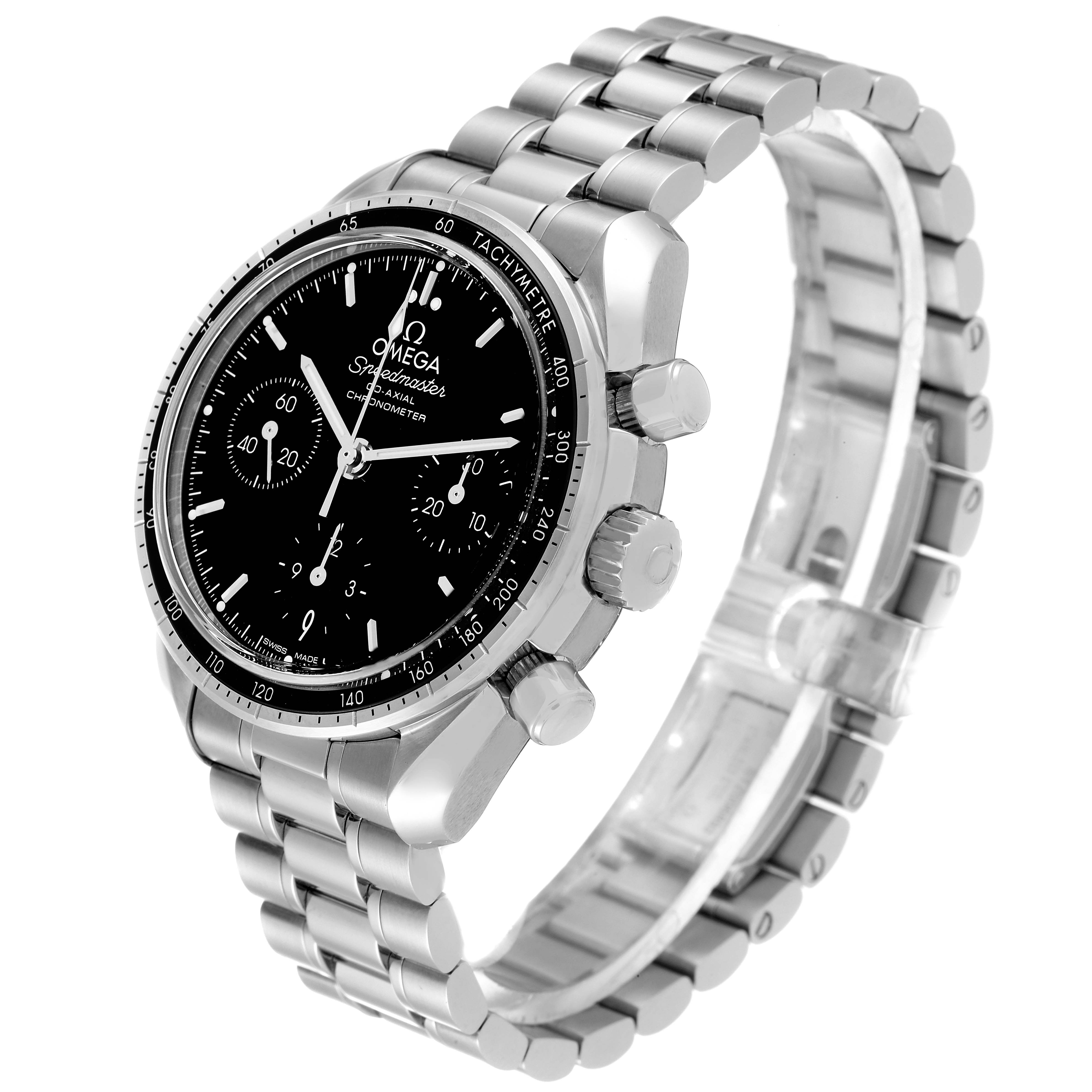 The Omega Speedmaster 324.30.38.50.01.001 Men's Stainless Steel Black Dial 324.30.38.50.01.001 Men's Stainless Steel Black Dial watch is shown at a three-quarter angle, displaying the face, bezel, crown, pushers, and bracelet.