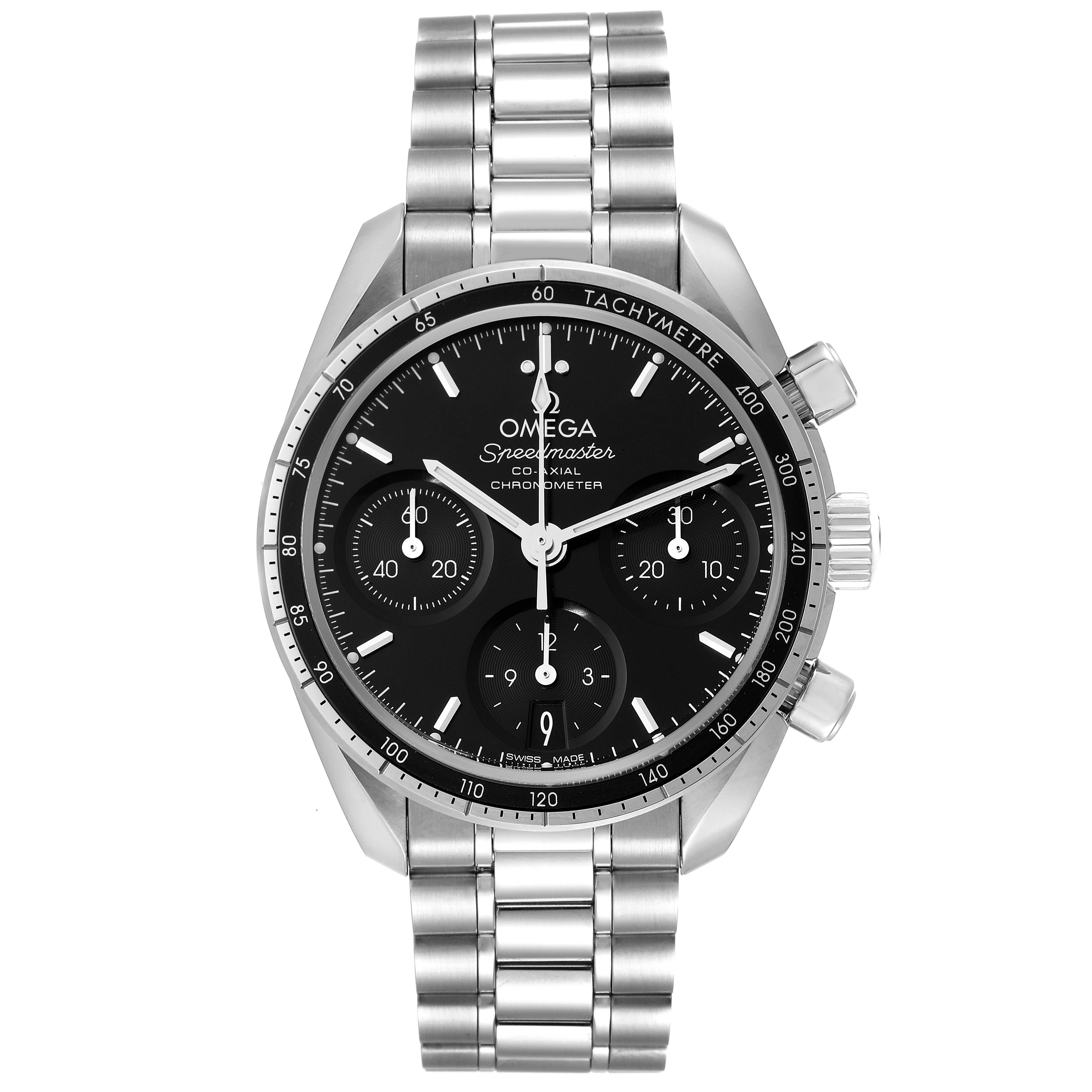 The image shows a front view of an Omega Speedmaster 324.30.38.50.01.001 Men's Stainless Steel Black Dial 324.30.38.50.01.001 Men's Stainless Steel Black Dial watch, focusing on the dial, bezel, and metal bracelet.