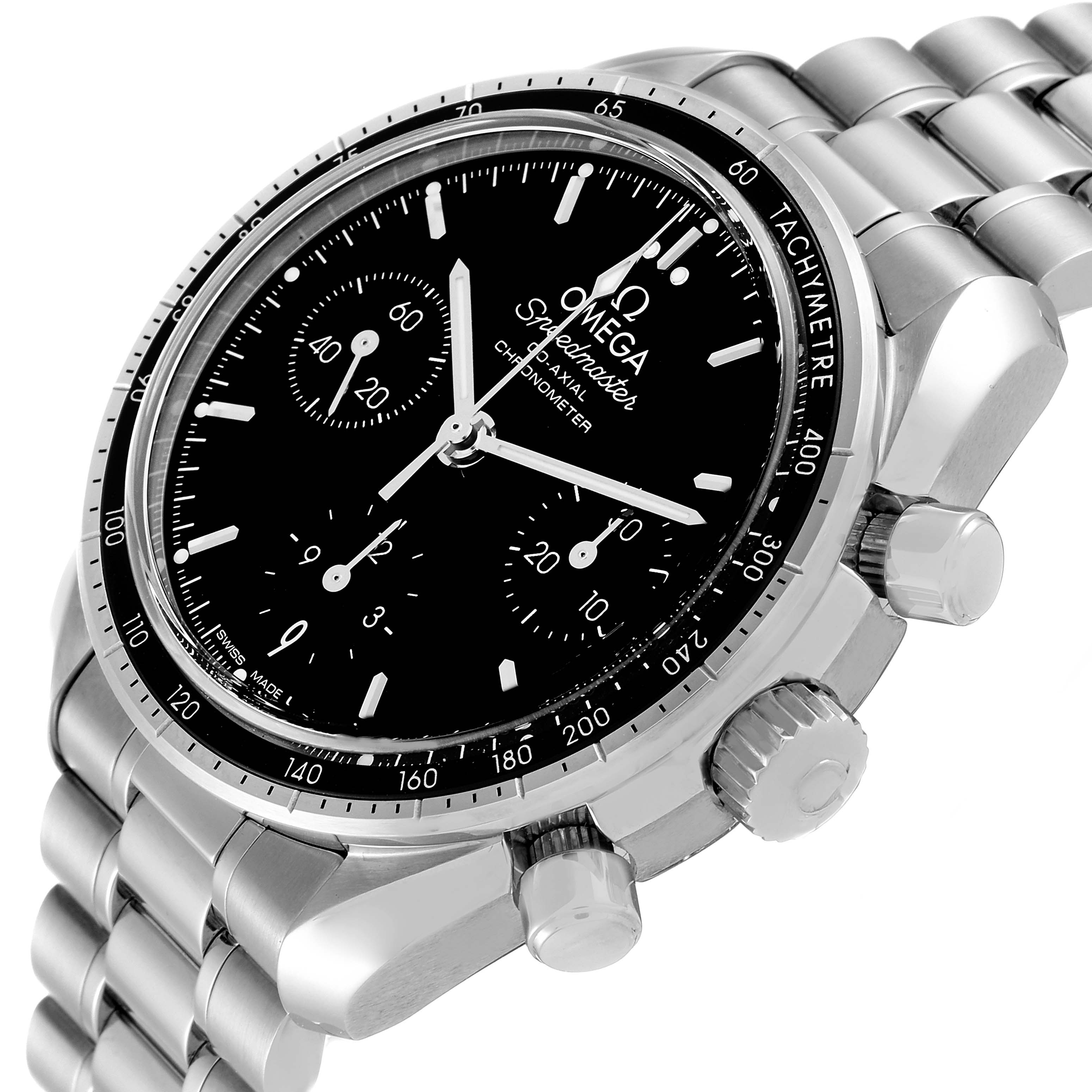 The Omega Speedmaster 324.30.38.50.01.001 Men's Stainless Steel Black Dial 324.30.38.50.01.001 Men's Stainless Steel Black Dial watch is shown from an angled view, highlighting its black dial, sub-dials, tachymeter bezel, and stainless steel bracelet.