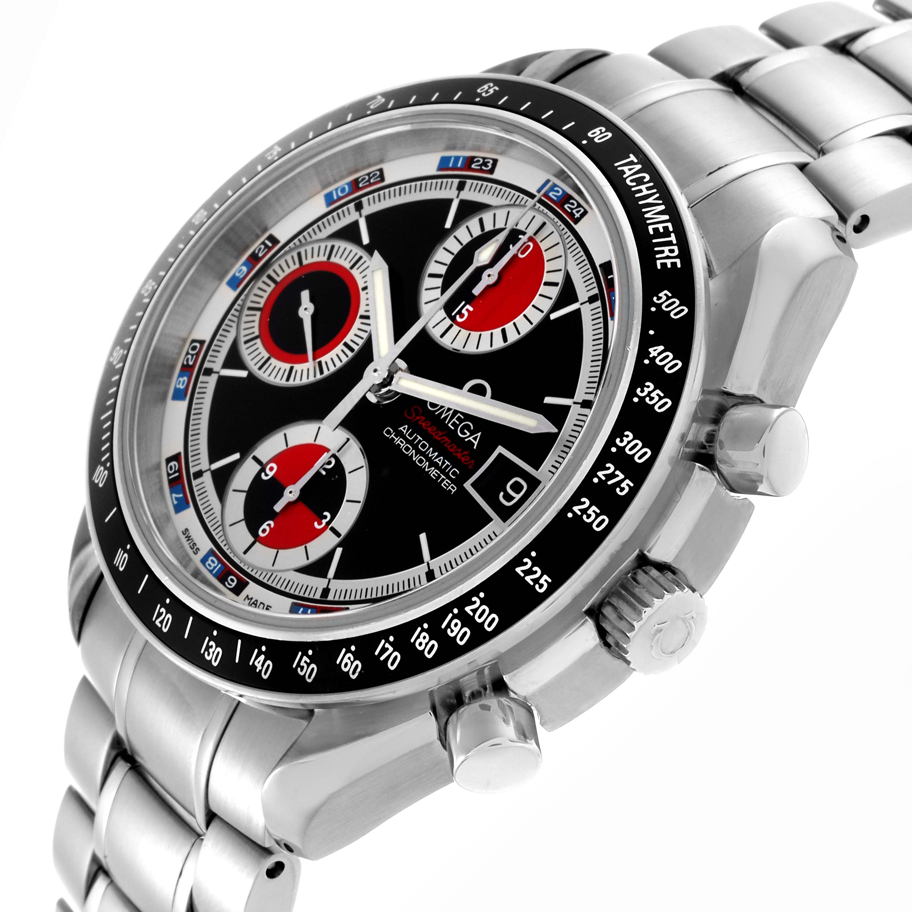 The Omega Speedmaster 3210.52.00 Men
s Stainless Steel Black Dial 3210.52.00 Men
s Stainless Steel Black Dial watch is shown at a diagonal angle, highlighting the dial, bezel, crown, and pushers.