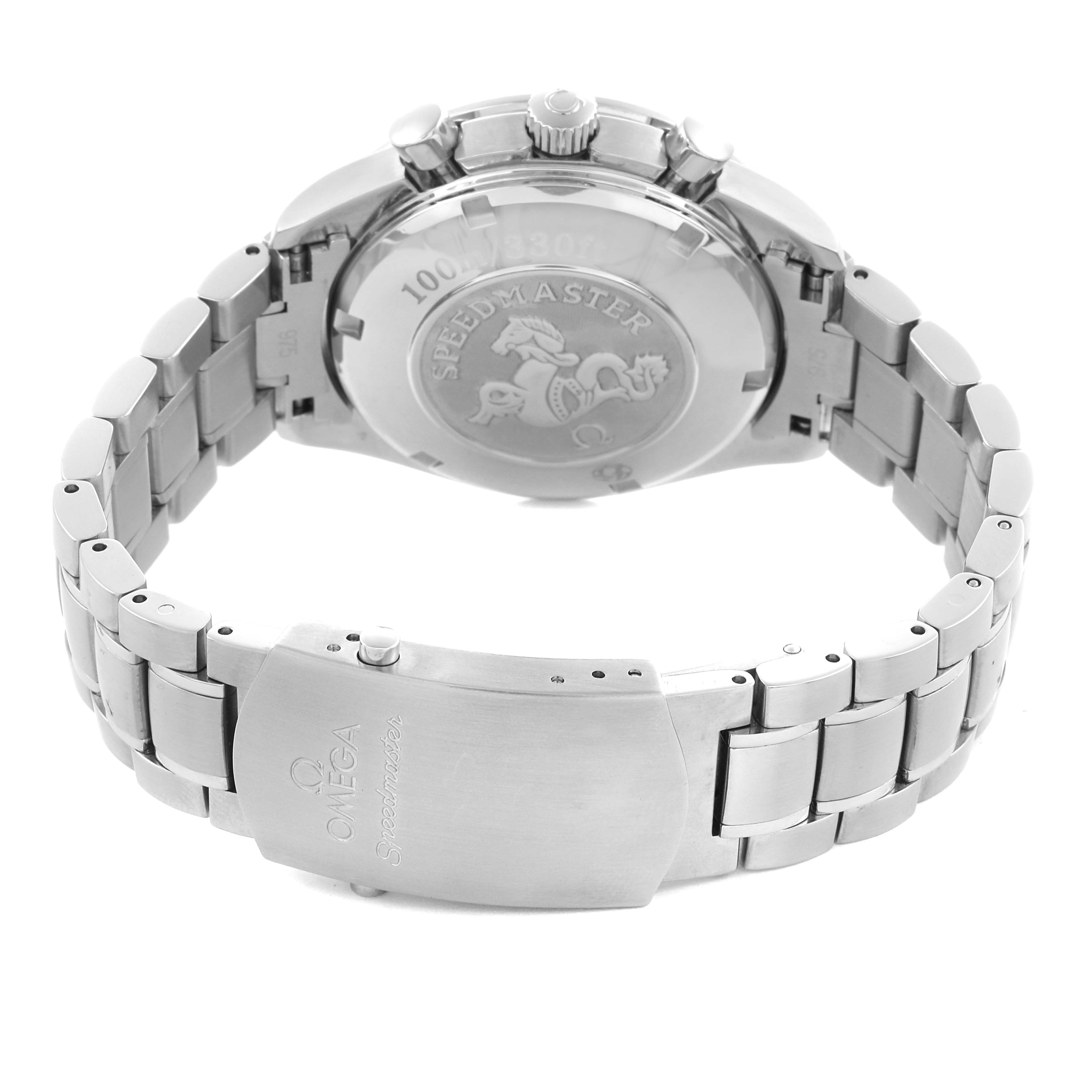 The Omega Speedmaster 3210.52.00 Men
s Stainless Steel Black Dial 3210.52.00 Men
s Stainless Steel Black Dial is shown from the back, highlighting the bracelet, clasp, and engraved case back.