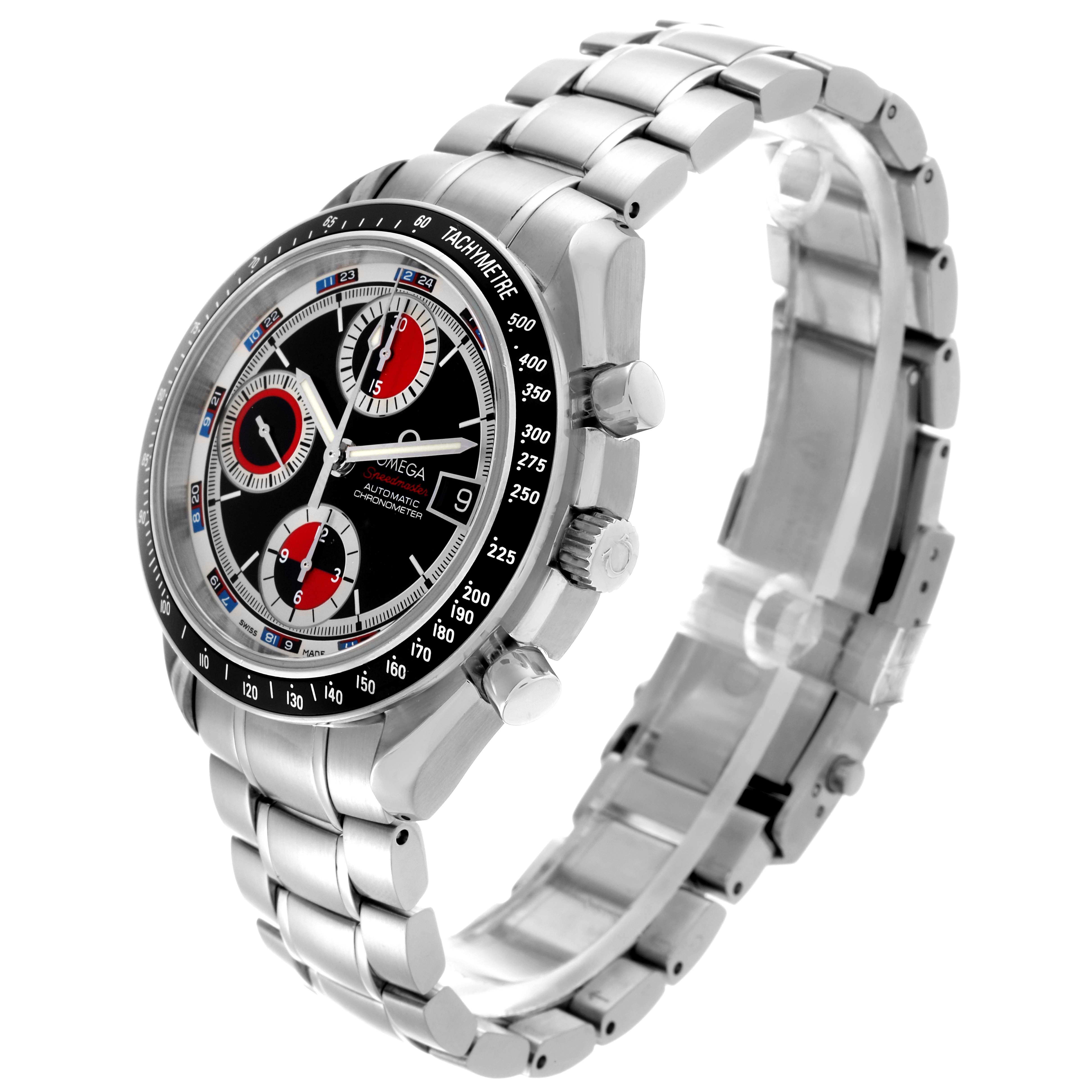 The Omega Speedmaster 3210.52.00 Men
s Stainless Steel Black Dial 3210.52.00 Men
s Stainless Steel Black Dial is shown at a three-quarter angle, highlighting its dial, pushers, and metal bracelet.