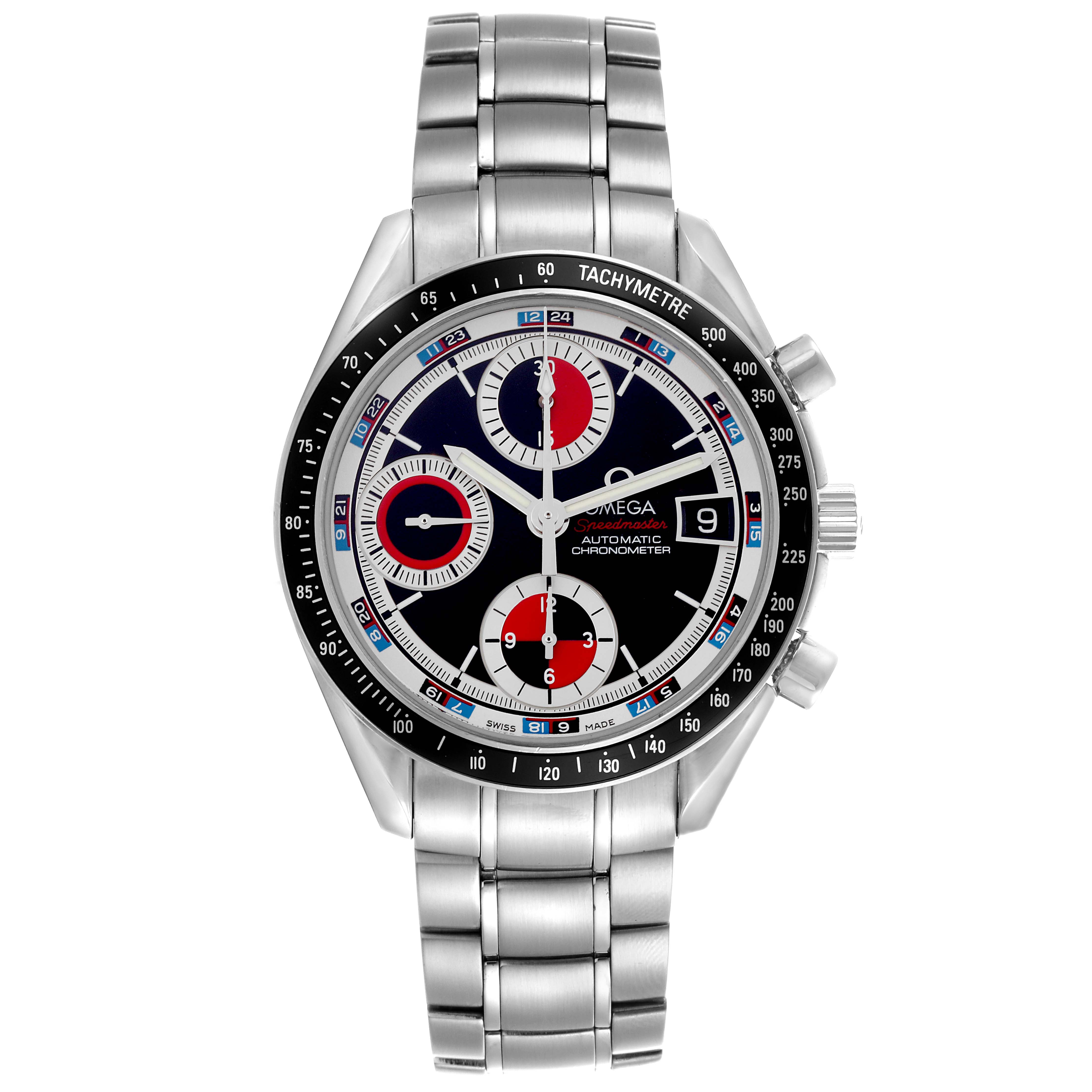 The Omega Speedmaster 3210.52.00 Men
s Stainless Steel Black Dial 3210.52.00 Men
s Stainless Steel Black Dial watch is shown at a straight-on angle, displaying its face, tachymeter bezel, and metal bracelet.