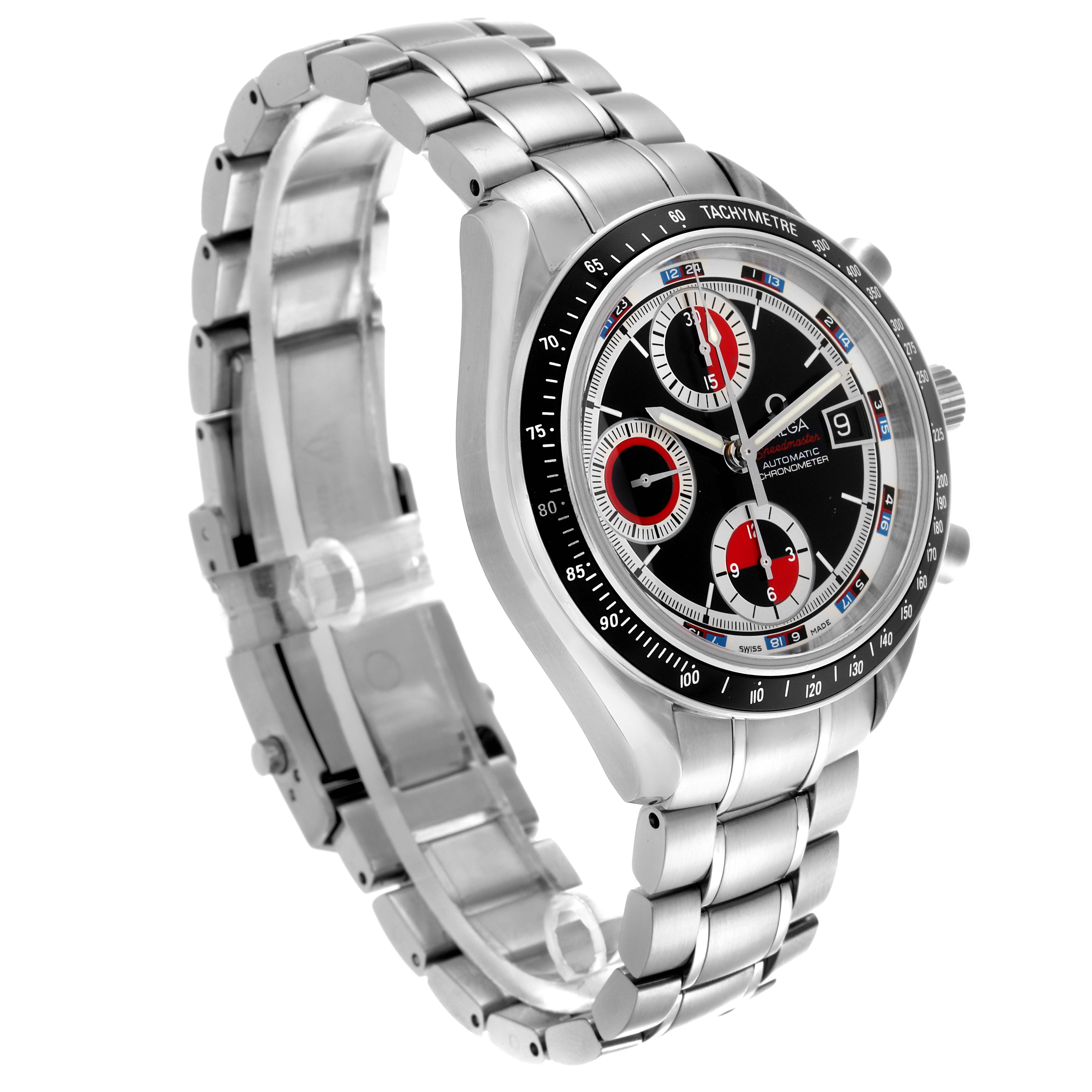 The Omega Speedmaster 3210.52.00 Men
s Stainless Steel Black Dial 3210.52.00 Men
s Stainless Steel Black Dial watch is shown at a three-quarter angle featuring the bracelet, tachymeter bezel, and subdials.