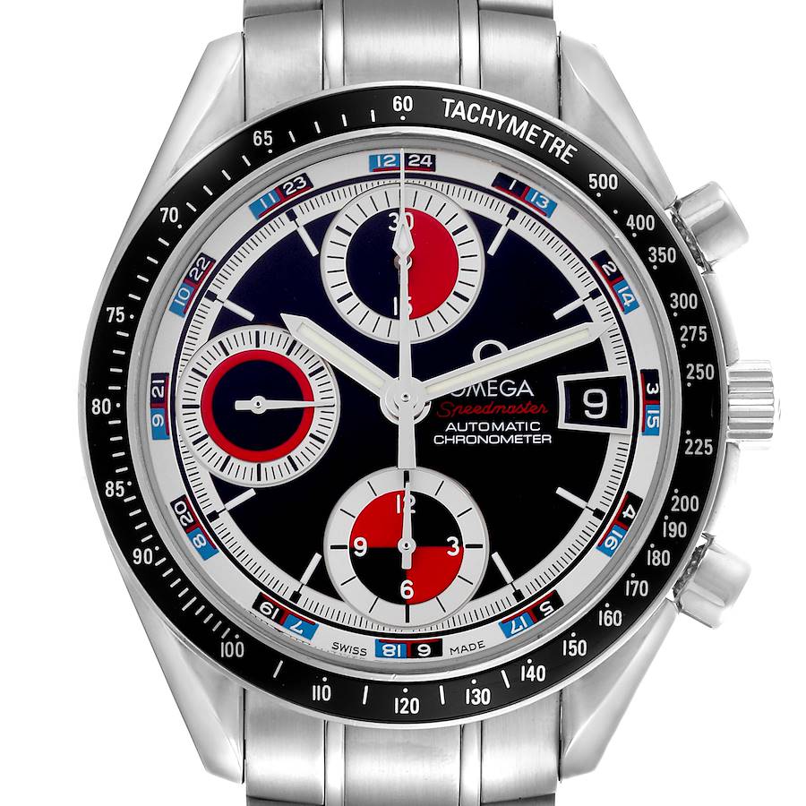 The Omega Speedmaster watch is shown from a front angle, displaying the face, bezel, and part of the bracelet.