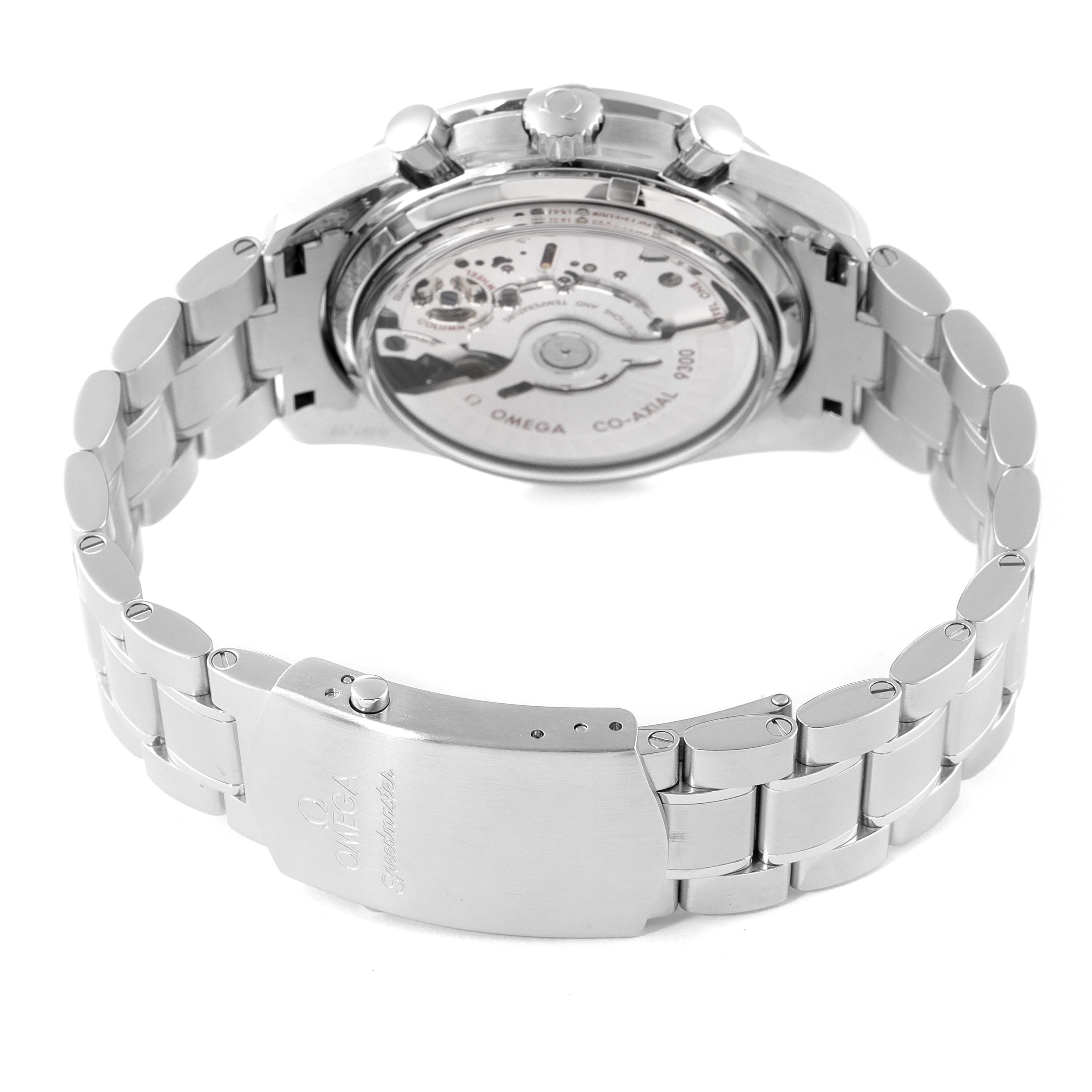 The image shows the back and bracelet of an Omega Speedmaster 311.30.44.51.01.002 Men's Stainless Steel Black Dial 311.30.44.51.01.002 Men's Stainless Steel Black Dial watch, highlighting the mechanical movement and clasp.