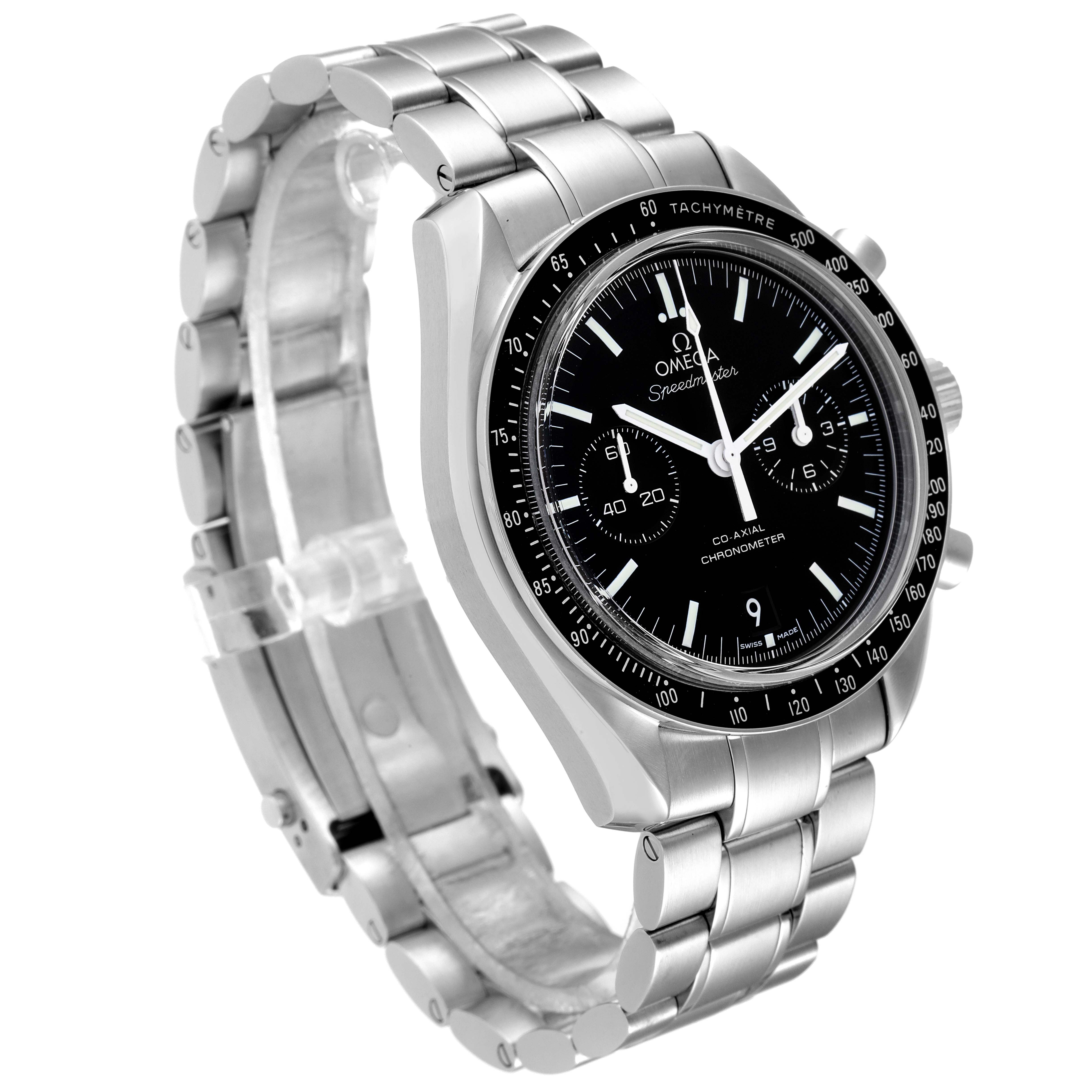 This image shows an Omega Speedmaster 311.30.44.51.01.002 Men's Stainless Steel Black Dial 311.30.44.51.01.002 Men's Stainless Steel Black Dial watch at an angled view highlighting its bracelet, bezel, and face.