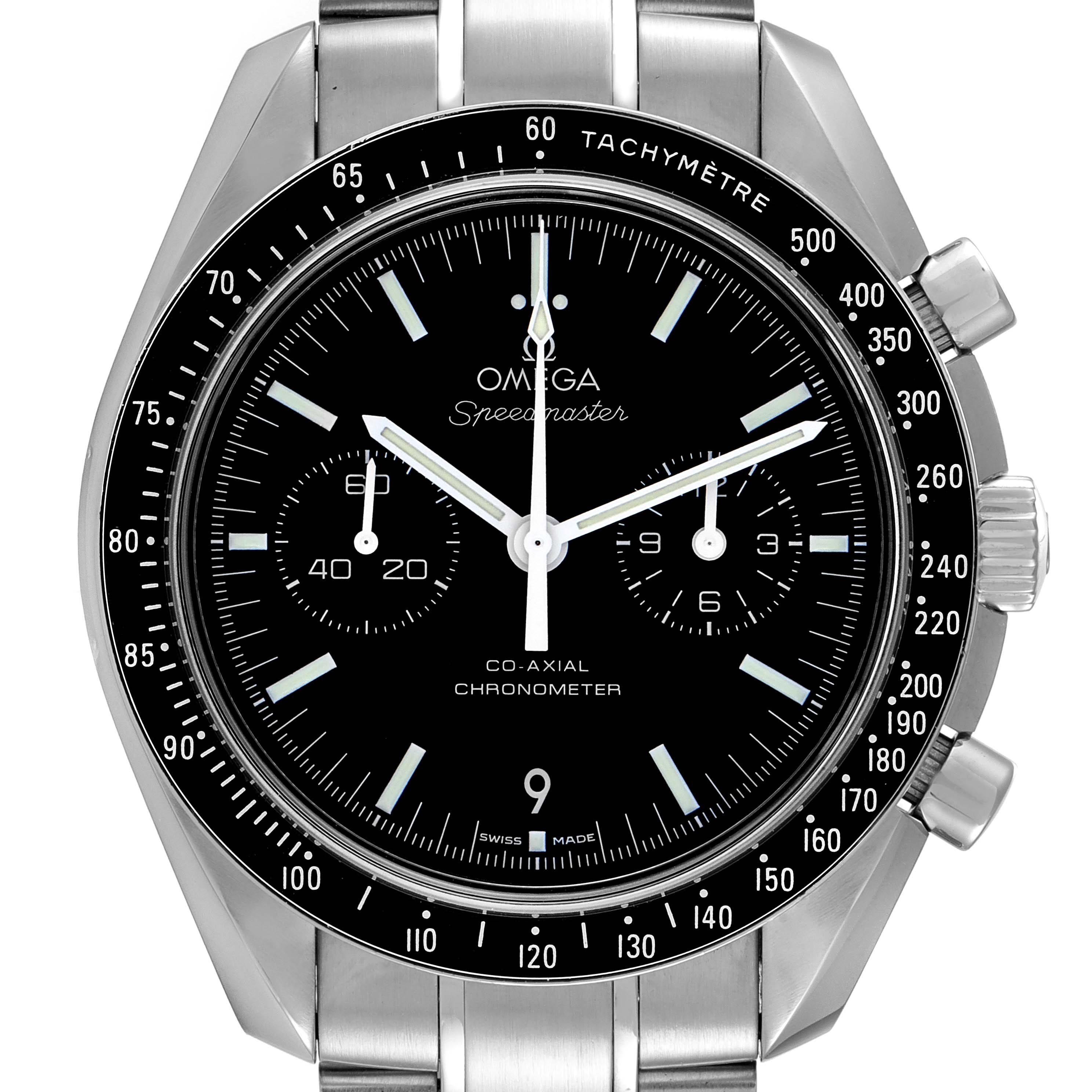The image shows a frontal view of the Omega Speedmaster 311.30.44.51.01.002 Men's Stainless Steel Black Dial 311.30.44.51.01.002 Men's Stainless Steel Black Dial watch, displaying its dial, tachymeter bezel, and stainless steel bracelet.