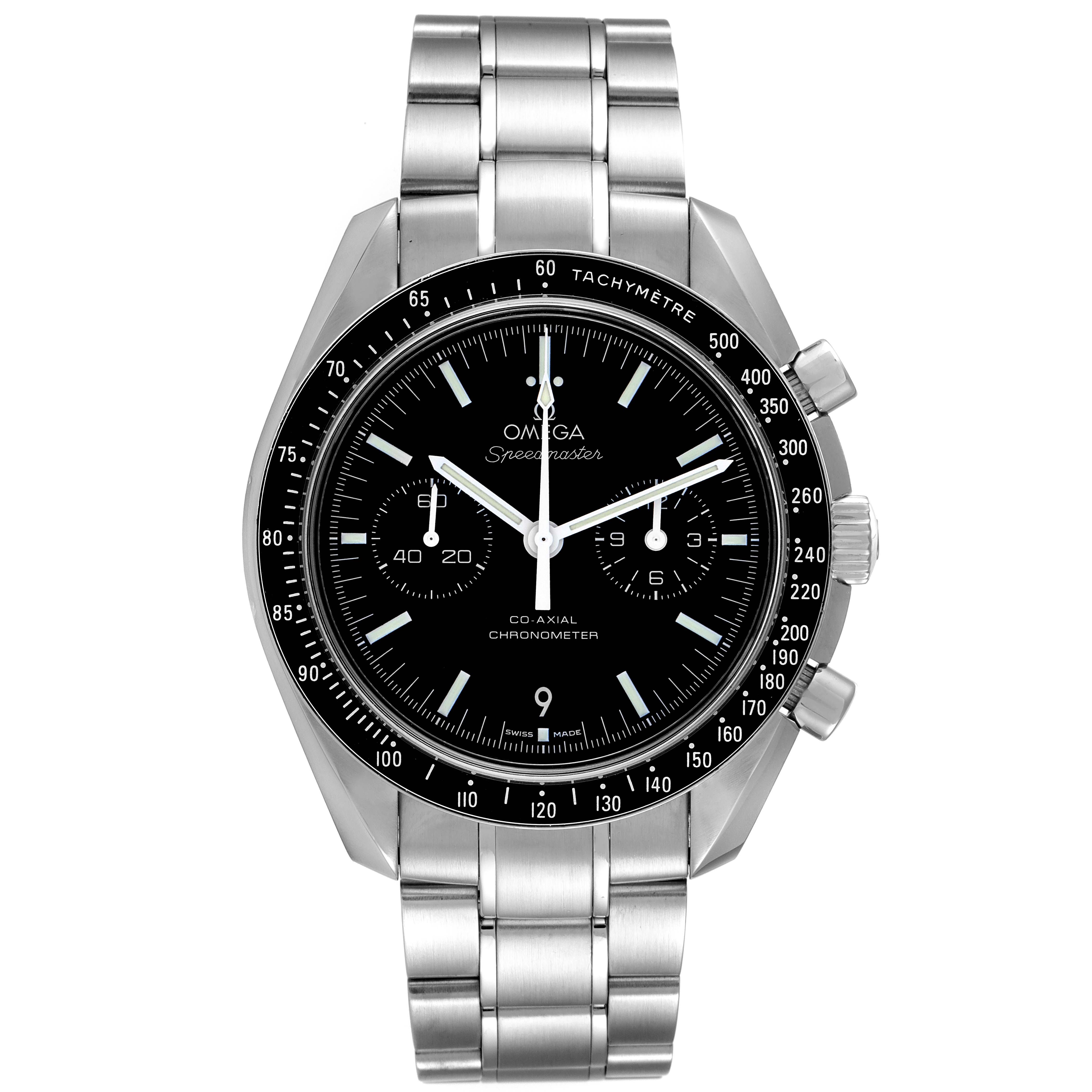 The image shows a front view of an Omega Speedmaster 311.30.44.51.01.002 Men's Stainless Steel Black Dial 311.30.44.51.01.002 Men's Stainless Steel Black Dial watch, highlighting its black dial, subdials, and stainless steel bracelet.