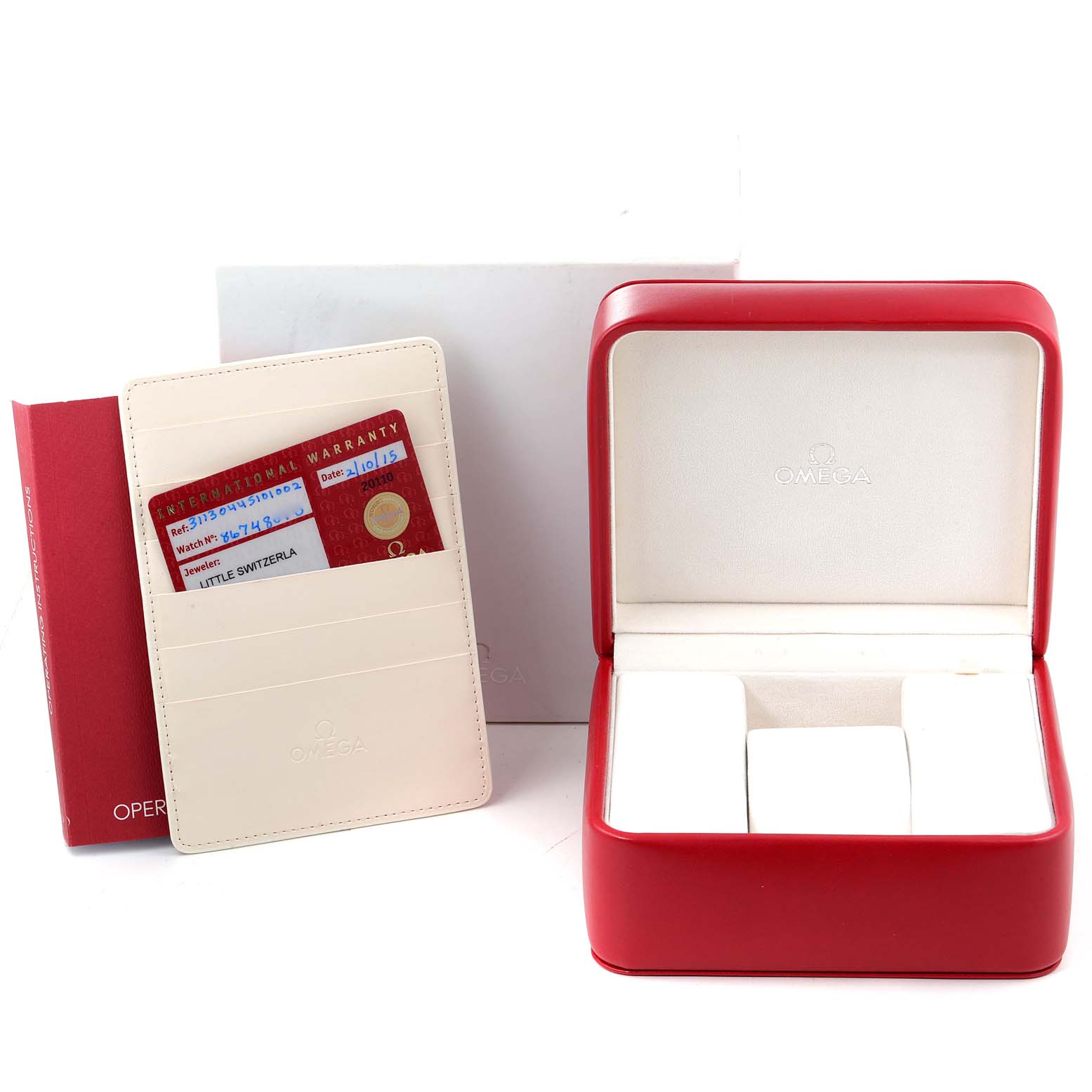 The image shows the packaging, warranty card, and an empty red watch box for the Omega Speedmaster 311.30.44.51.01.002 Men's Stainless Steel Black Dial 311.30.44.51.01.002 Men's Stainless Steel Black Dial.