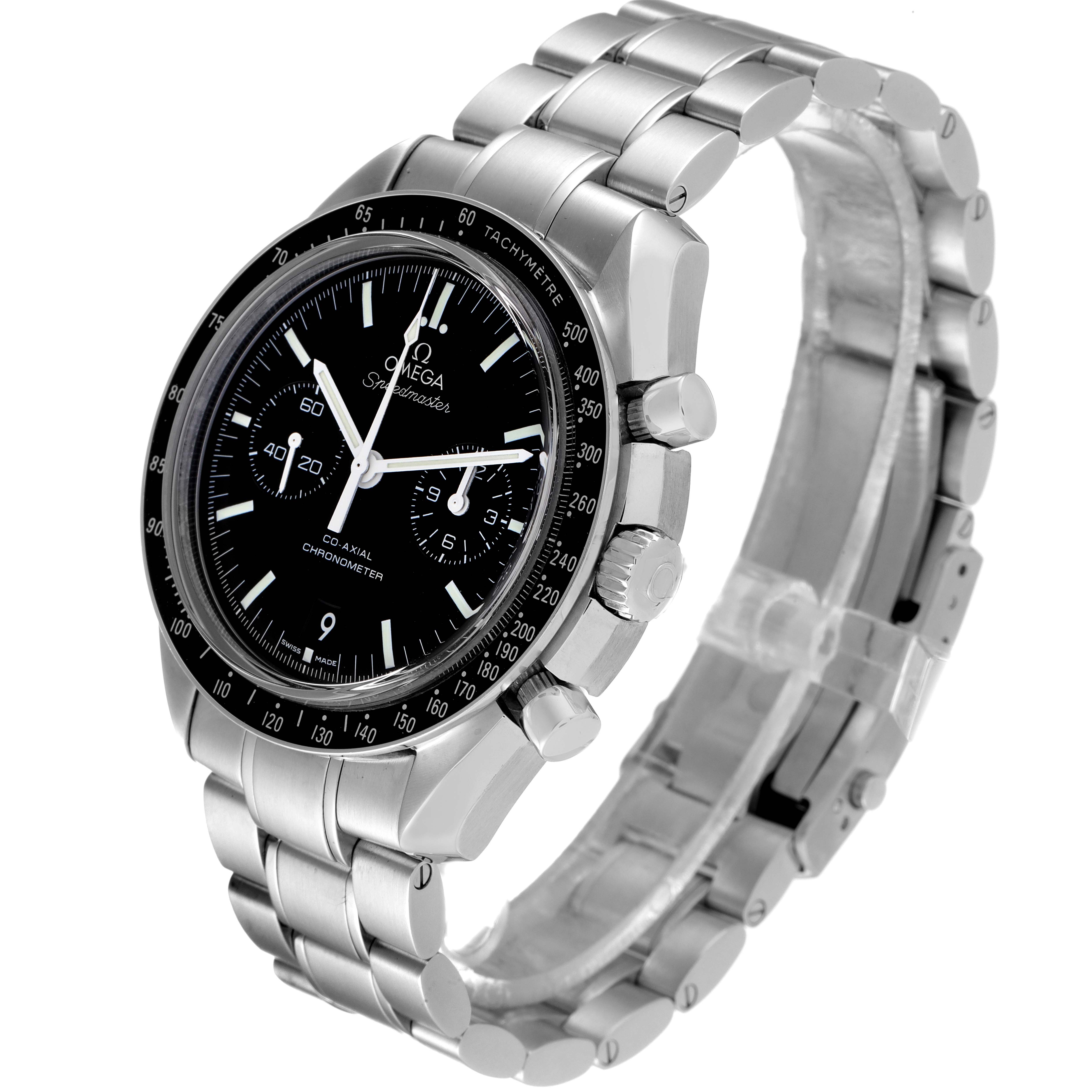 The Omega Speedmaster 311.30.44.51.01.002 Men's Stainless Steel Black Dial 311.30.44.51.01.002 Men's Stainless Steel Black Dial watch is shown at a three-quarter angle, highlighting its face, bezel, bracelet, and crowns.