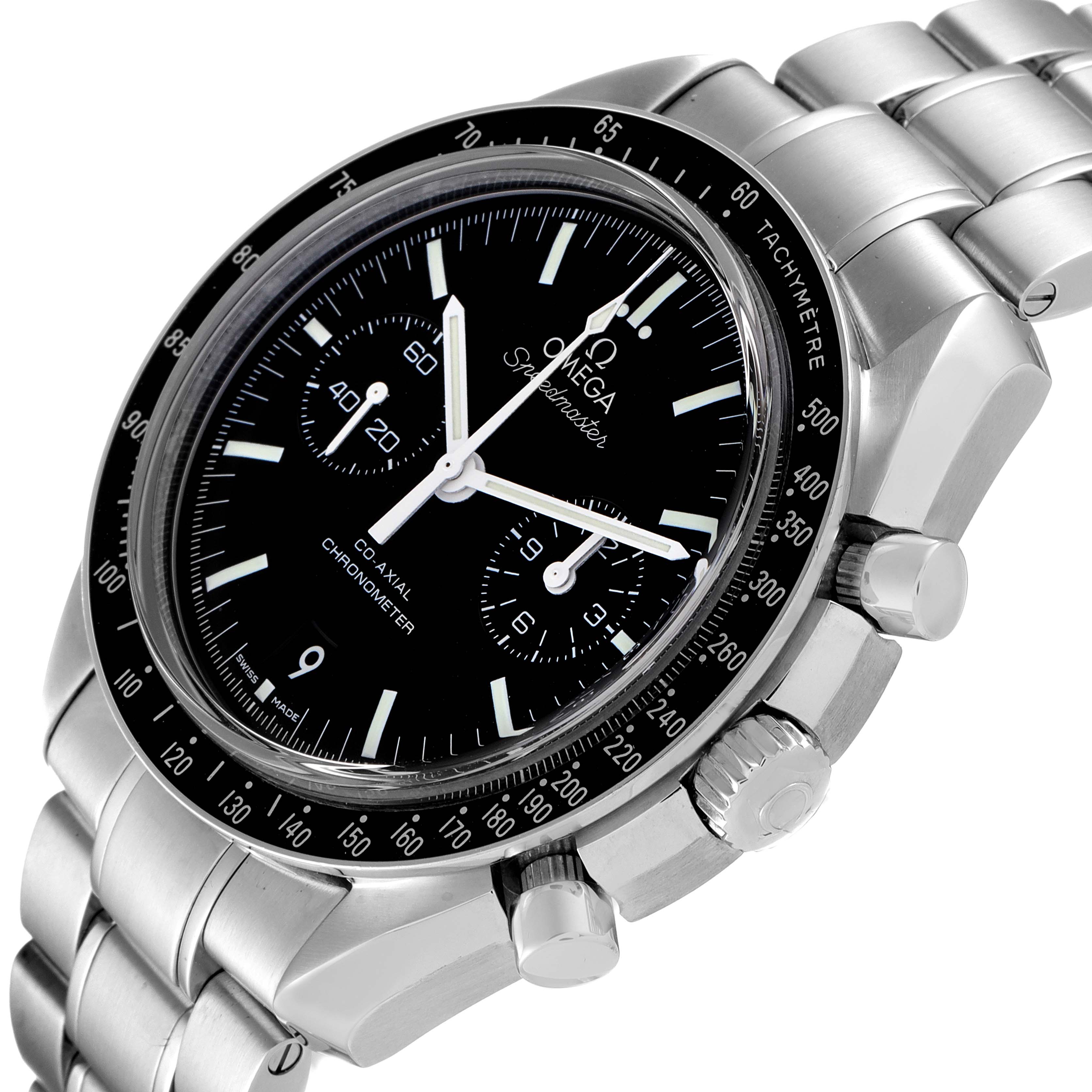 The Omega Speedmaster 311.30.44.51.01.002 Men's Stainless Steel Black Dial 311.30.44.51.01.002 Men's Stainless Steel Black Dial watch is shown at a slight angle, highlighting the face, bezel, chronograph buttons, and stainless steel bracelet.