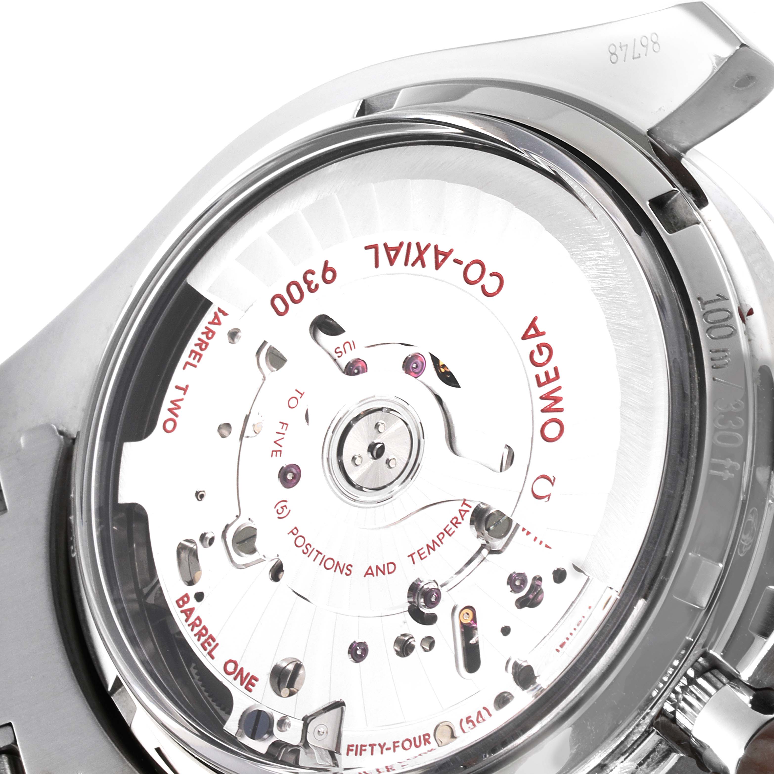 The image shows the back view of the Omega Speedmaster 311.30.44.51.01.002 Men's Stainless Steel Black Dial 311.30.44.51.01.002 Men's Stainless Steel Black Dial watch, highlighting its Co-Axial 9300 movement.