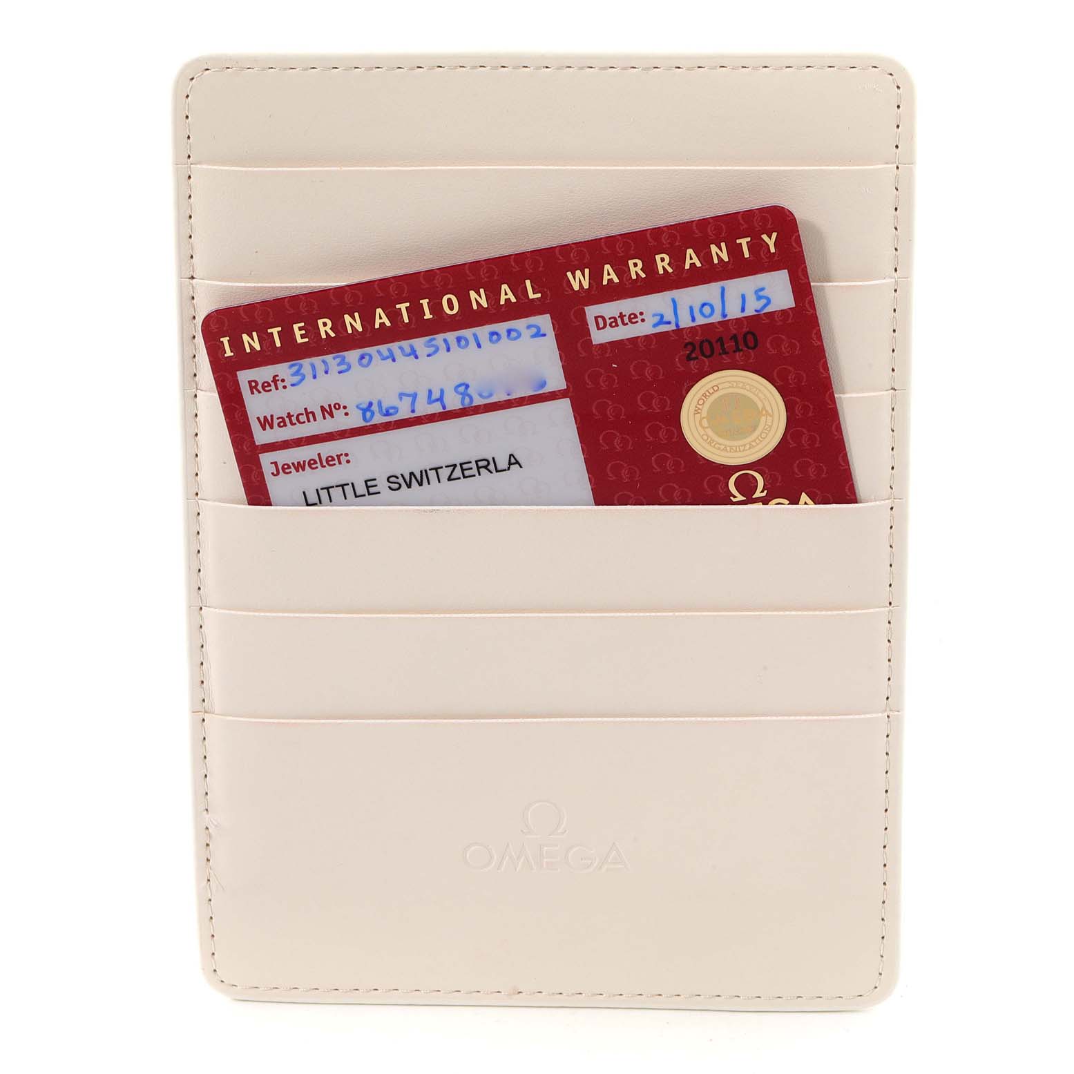 The image shows an Omega Speedmaster 311.30.44.51.01.002 Men's Stainless Steel Black Dial 311.30.44.51.01.002 Men's Stainless Steel Black Dial warranty card in a white leather cardholder.