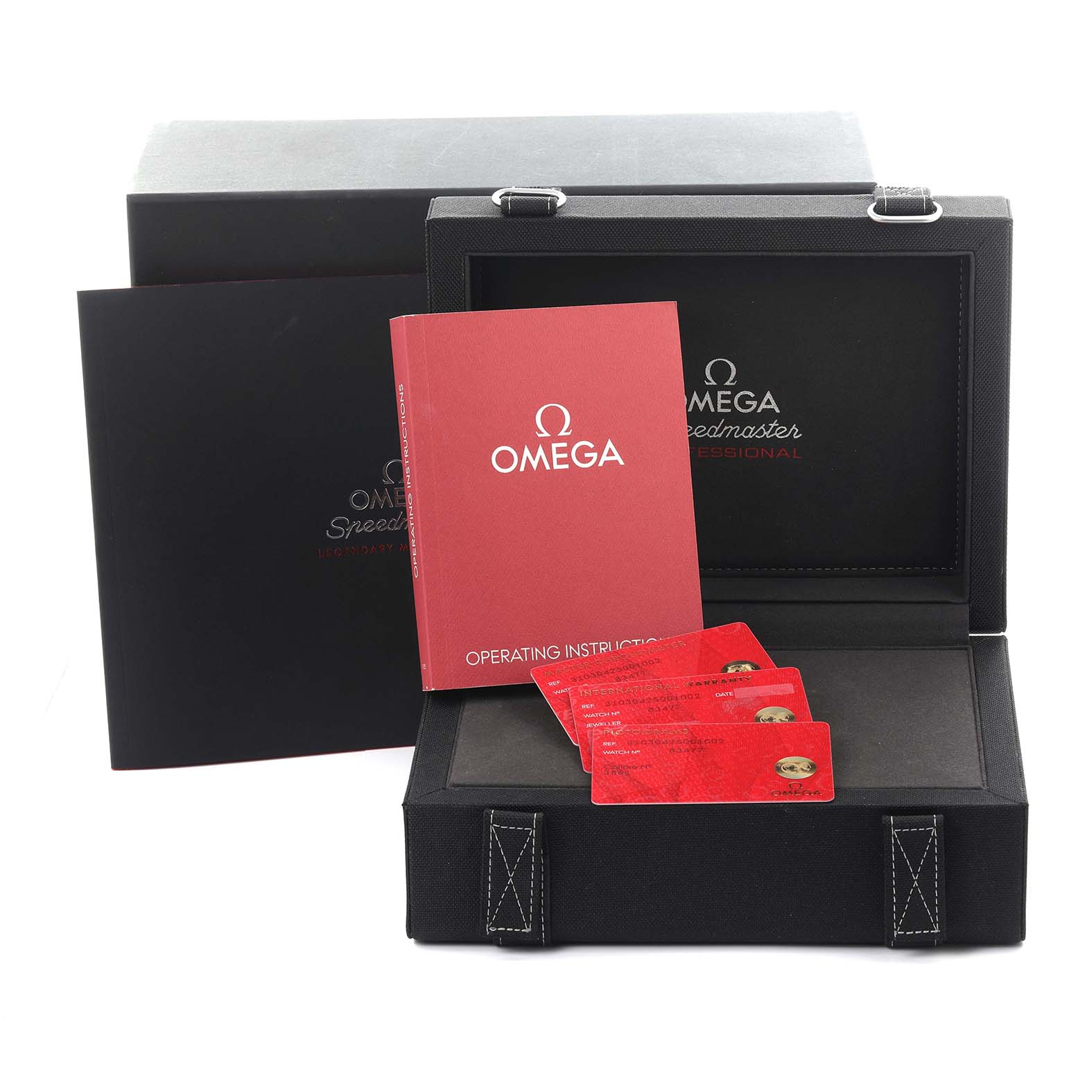 The image shows the packaging and accessories for an Omega Speedmaster 310.30.42.50.01.002 Men's Stainless Steel Black Dial 310.30.42.50.01.002 Men's Stainless Steel Black Dial, including a box, manual, and cards at an angle.