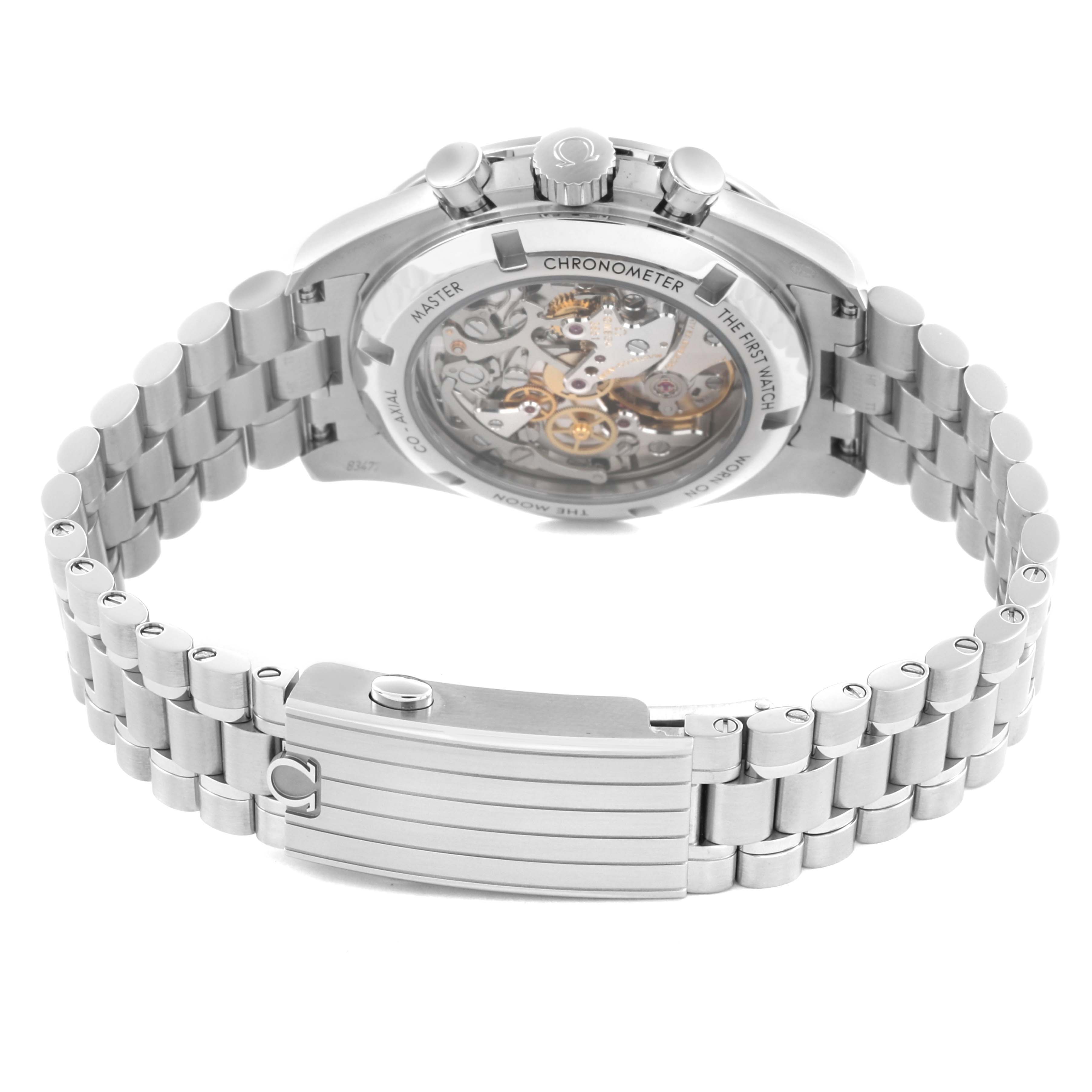 The image shows the back view of an Omega Speedmaster 310.30.42.50.01.002 Men's Stainless Steel Black Dial 310.30.42.50.01.002 Men's Stainless Steel Black Dial, highlighting its transparent case back and metal bracelet.