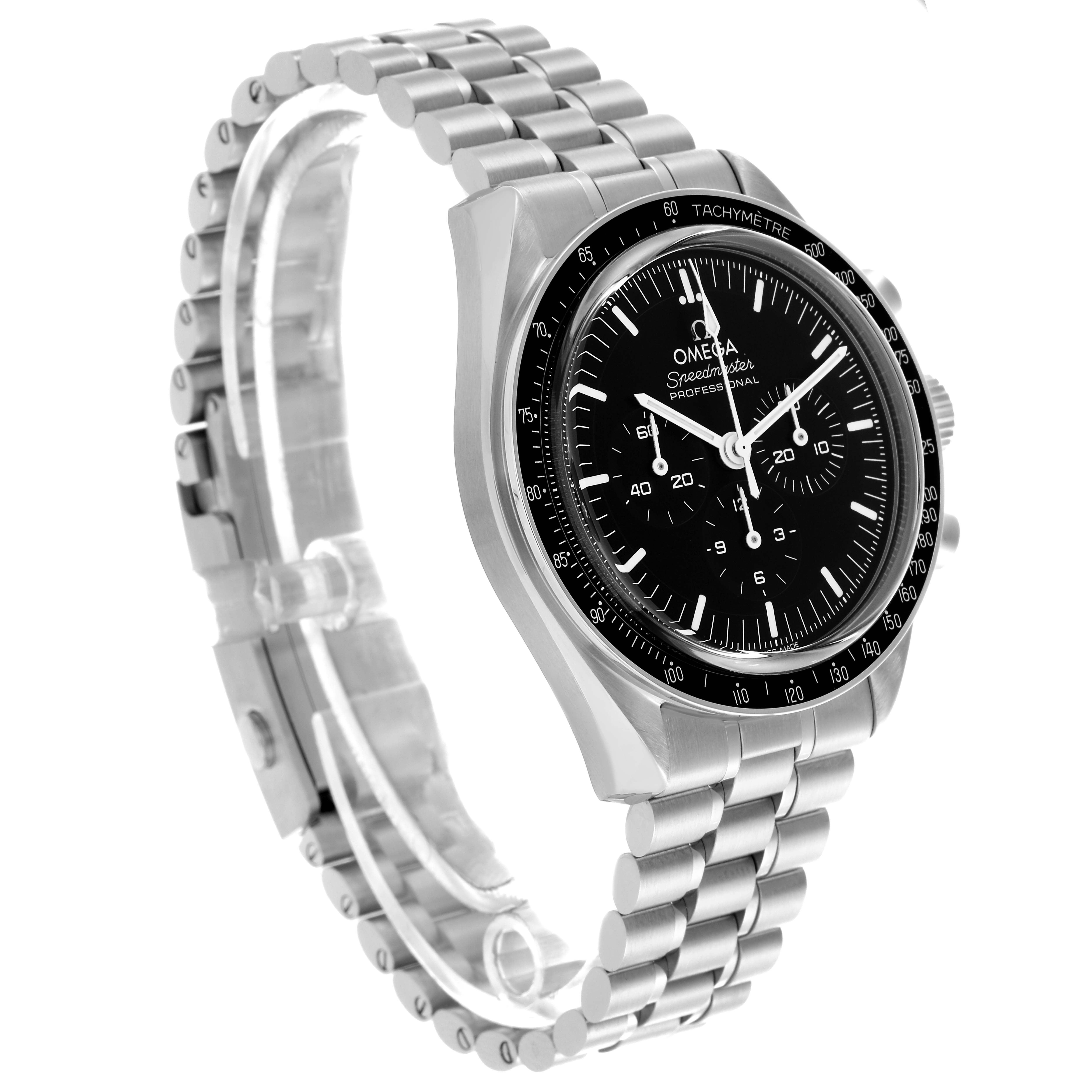 The Omega Speedmaster 310.30.42.50.01.002 Men's Stainless Steel Black Dial 310.30.42.50.01.002 Men's Stainless Steel Black Dial watch is shown at a three-quarter angle, highlighting the dial, bezel, and bracelet.