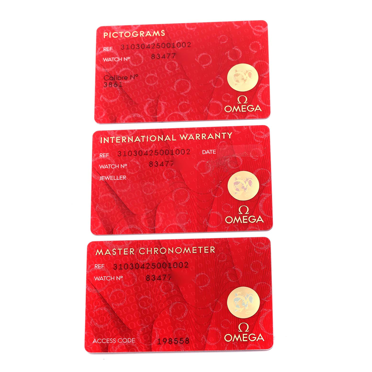 This image shows three red cards for the Omega Speedmaster 310.30.42.50.01.002 Men's Stainless Steel Black Dial 310.30.42.50.01.002 Men's Stainless Steel Black Dial: Pictograms, International Warranty, and Master Chronometer.