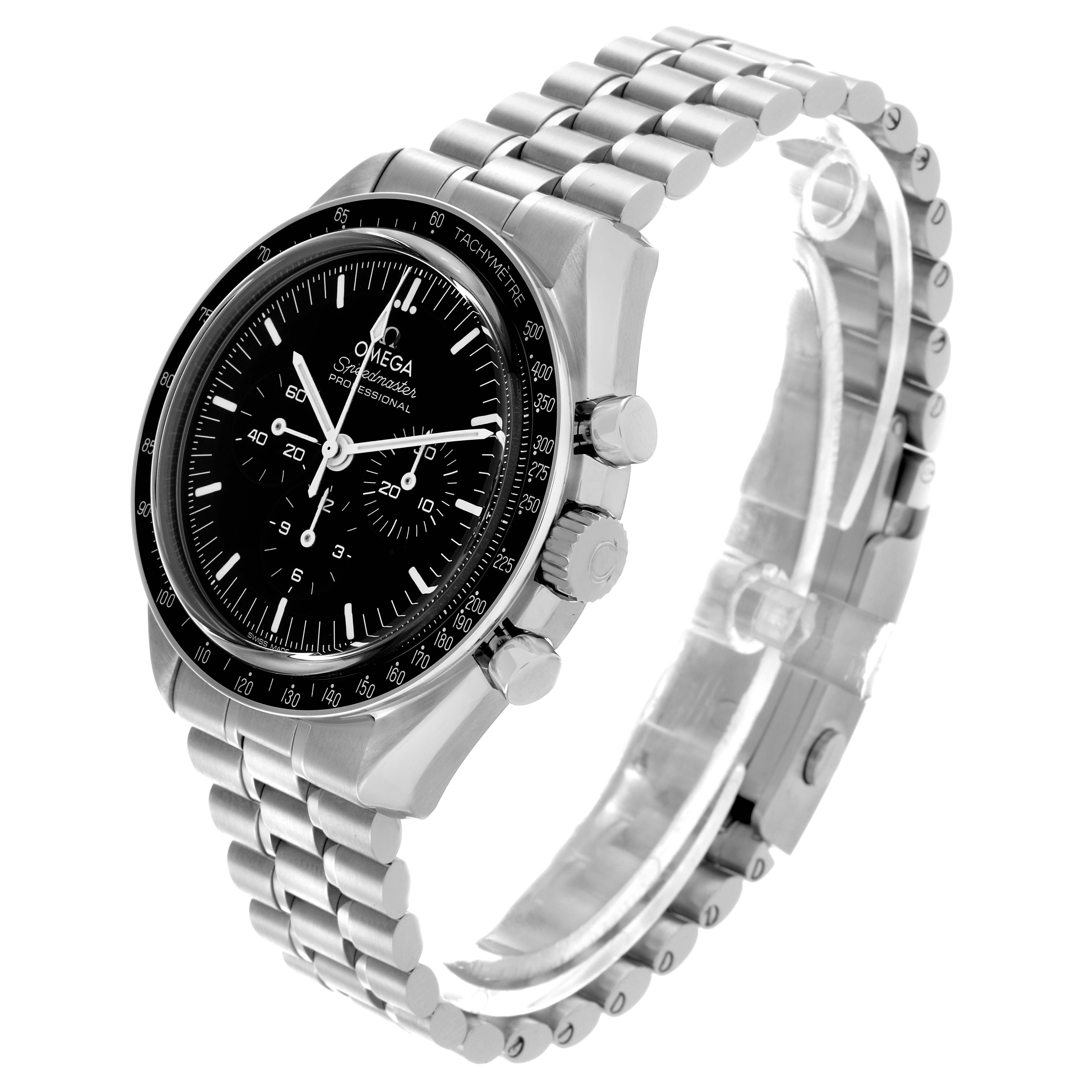 The Omega Speedmaster 310.30.42.50.01.002 Men's Stainless Steel Black Dial 310.30.42.50.01.002 Men's Stainless Steel Black Dial watch is shown at a slight angle, revealing the face, bezel, crown, pushers, and bracelet.