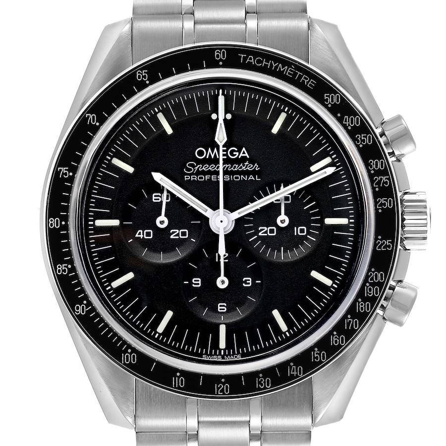 The Omega Speedmaster watch is shown from the front, displaying the dial, bezel, and part of the bracelet.