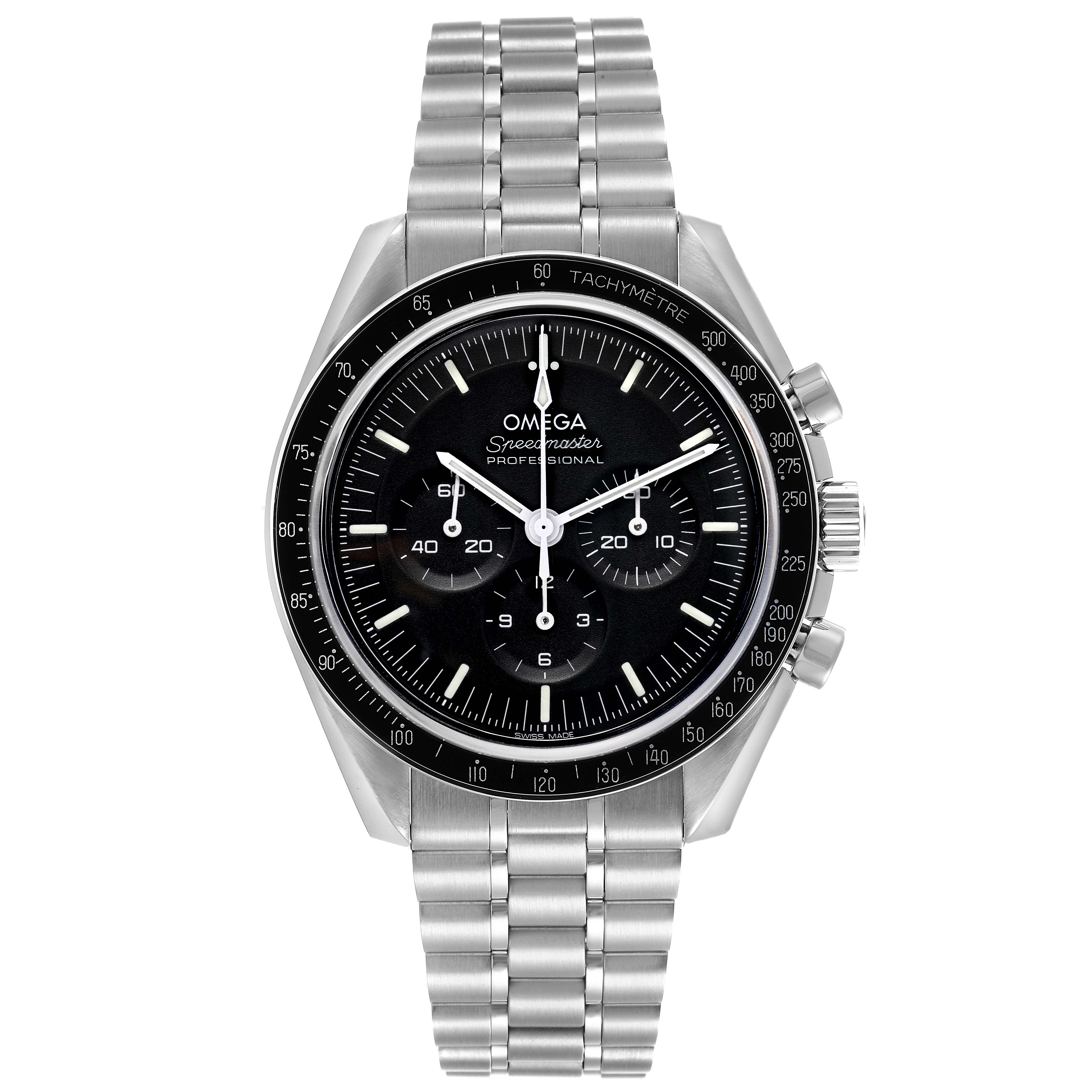 The Omega Speedmaster 310.30.42.50.01.002 Men's Stainless Steel Black Dial 310.30.42.50.01.002 Men's Stainless Steel Black Dial watch is shown from a front angle, displaying its dial, bezel, and stainless steel bracelet.