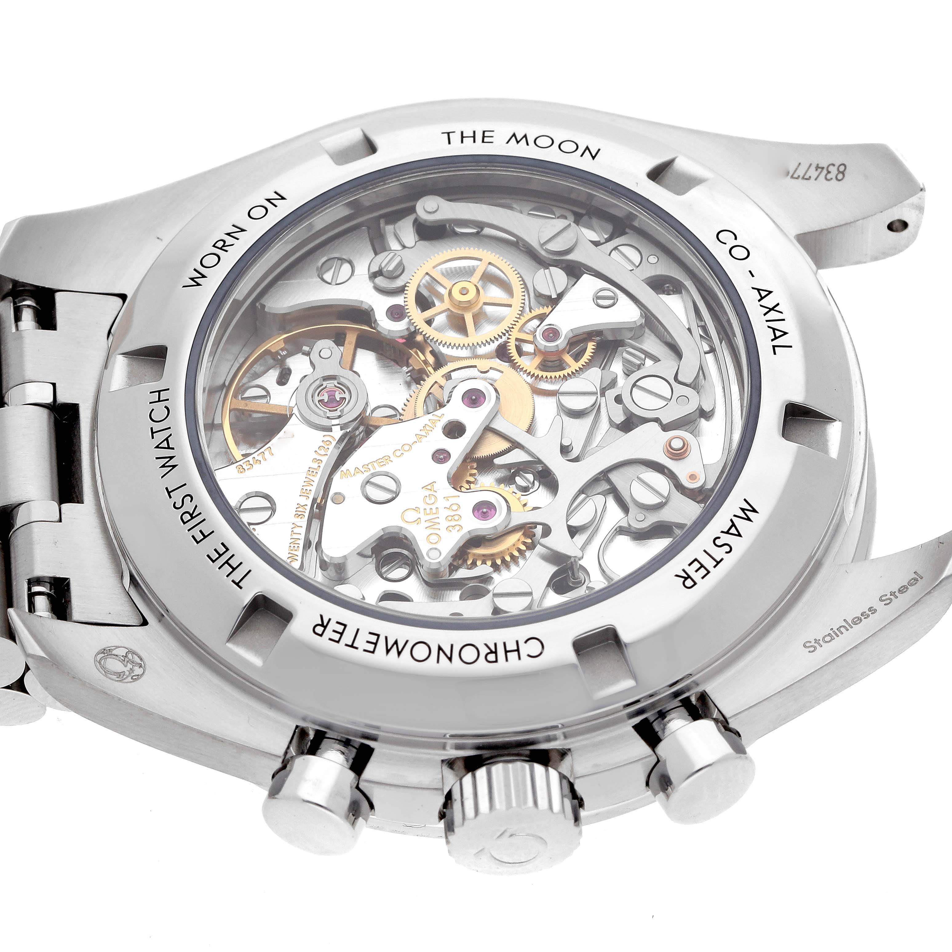 The image shows the back view of the Omega Speedmaster 310.30.42.50.01.002 Men's Stainless Steel Black Dial 310.30.42.50.01.002 Men's Stainless Steel Black Dial, highlighting its intricate internal mechanics through a transparent case back.