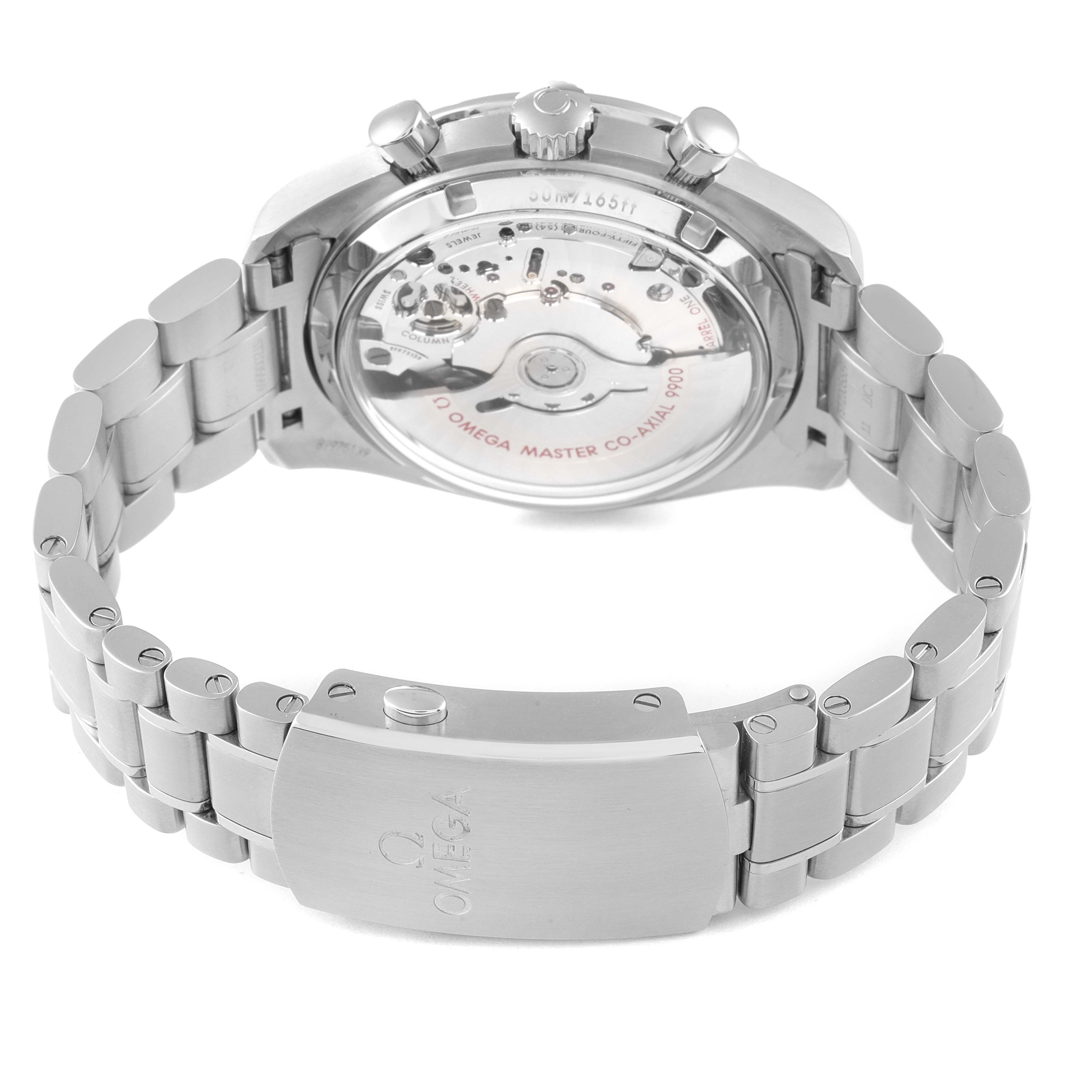 The image shows the back of an Omega Speedmaster 329.30.44.51.01.001 Men's Stainless Steel Black Dial 329.30.44.51.01.001 Men's Stainless Steel Black Dial watch, highlighting its clasp and visible movement through the transparent case back.