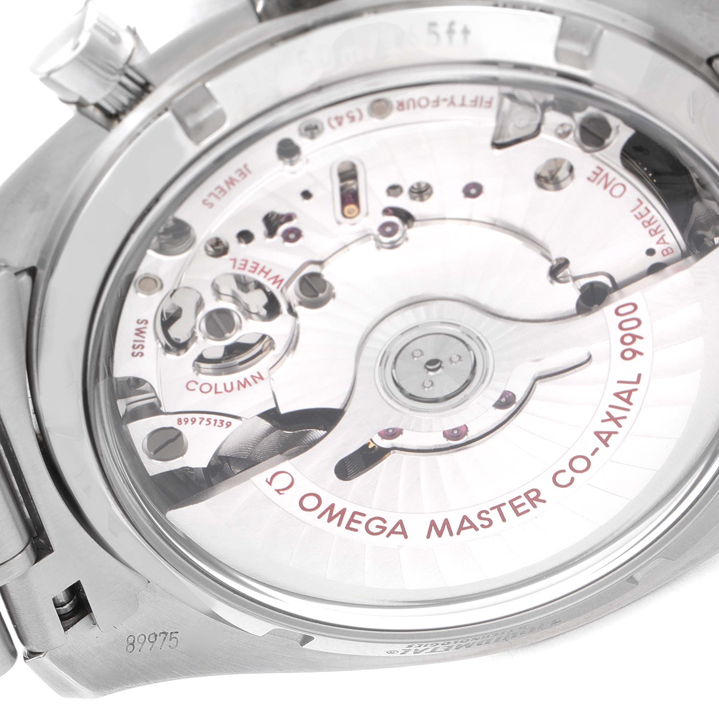 The image shows the back view of the Omega Speedmaster 329.30.44.51.01.001 Men's Stainless Steel Black Dial 329.30.44.51.01.001 Men's Stainless Steel Black Dial watch, highlighting its Master Co-Axial 9900 movement.