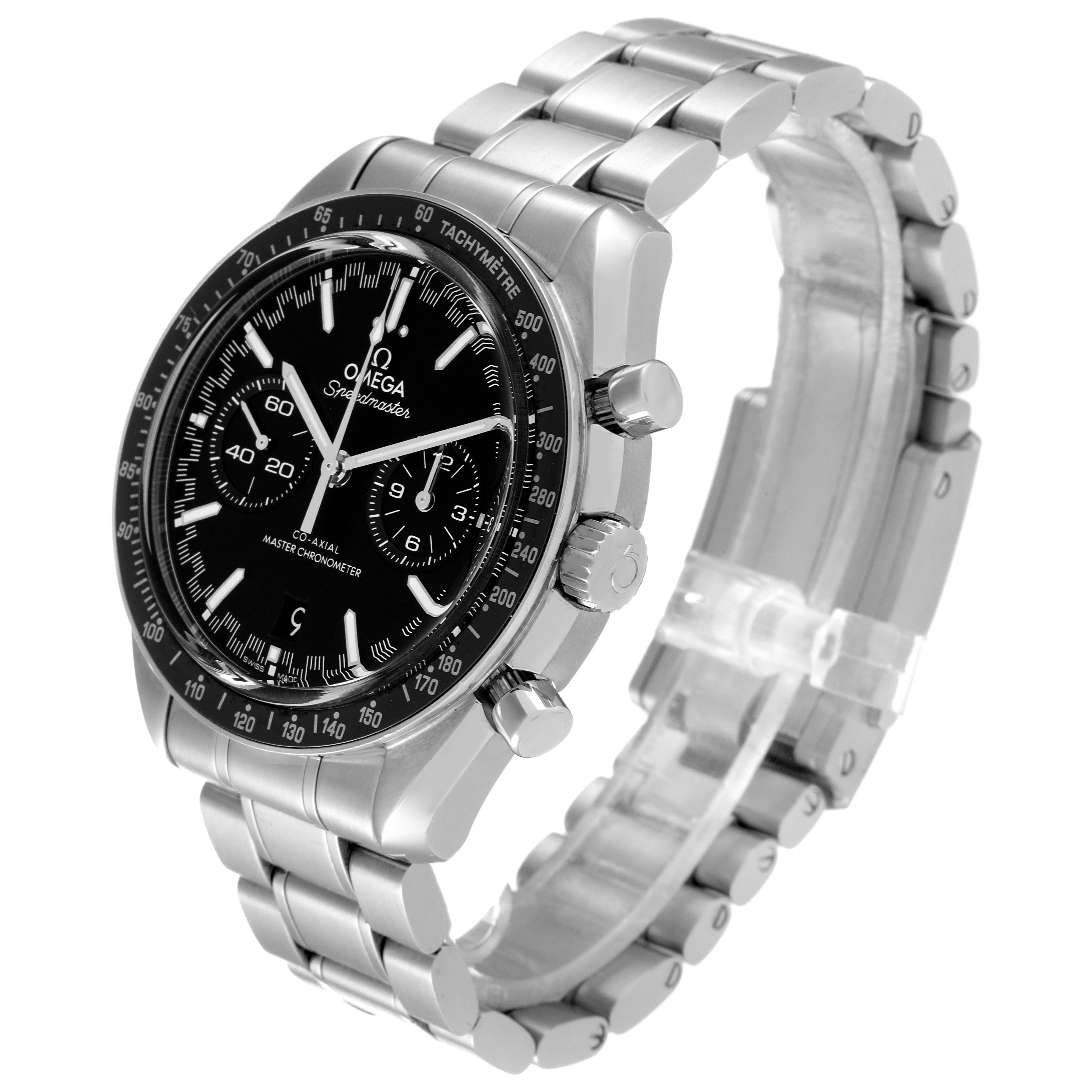 This image shows the Omega Speedmaster 329.30.44.51.01.001 Men's Stainless Steel Black Dial 329.30.44.51.01.001 Men's Stainless Steel Black Dial watch from a three-quarter angle, highlighting the dial, bezel, and stainless steel bracelet.