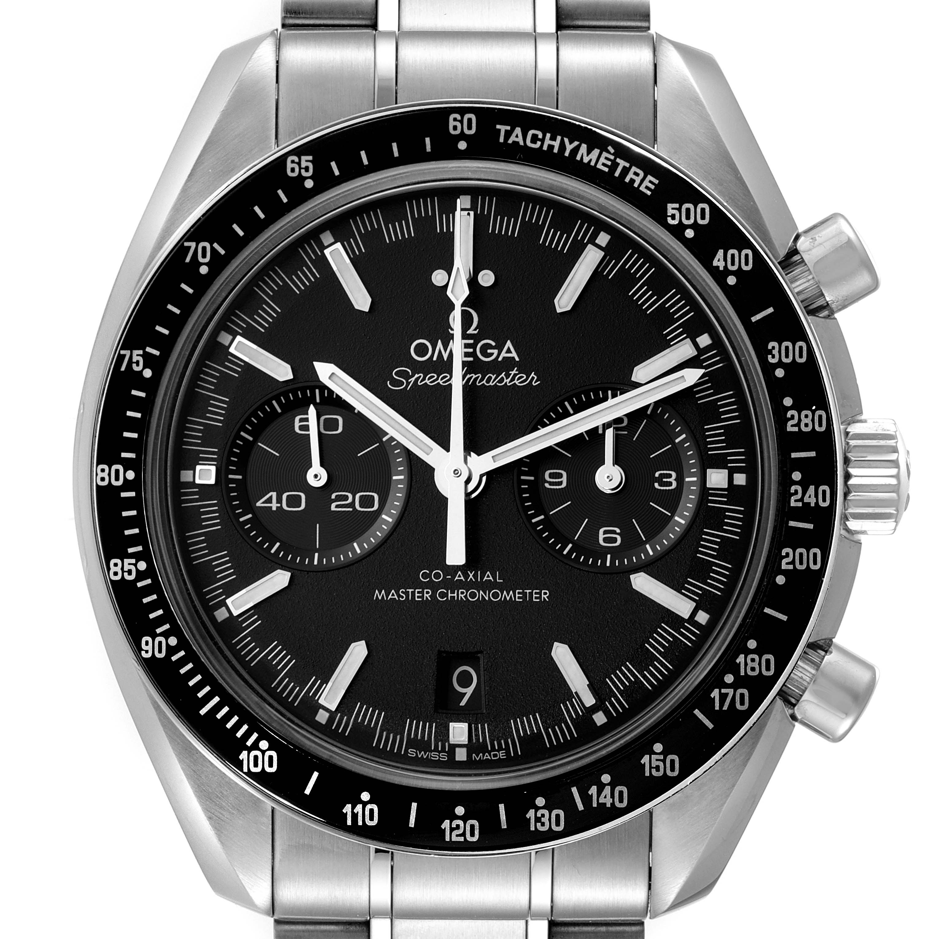 The image shows a front view of the Omega Speedmaster 329.30.44.51.01.001 Men's Stainless Steel Black Dial 329.30.44.51.01.001 Men's Stainless Steel Black Dial watch, highlighting its dial, tachymeter, and stainless steel bracelet.