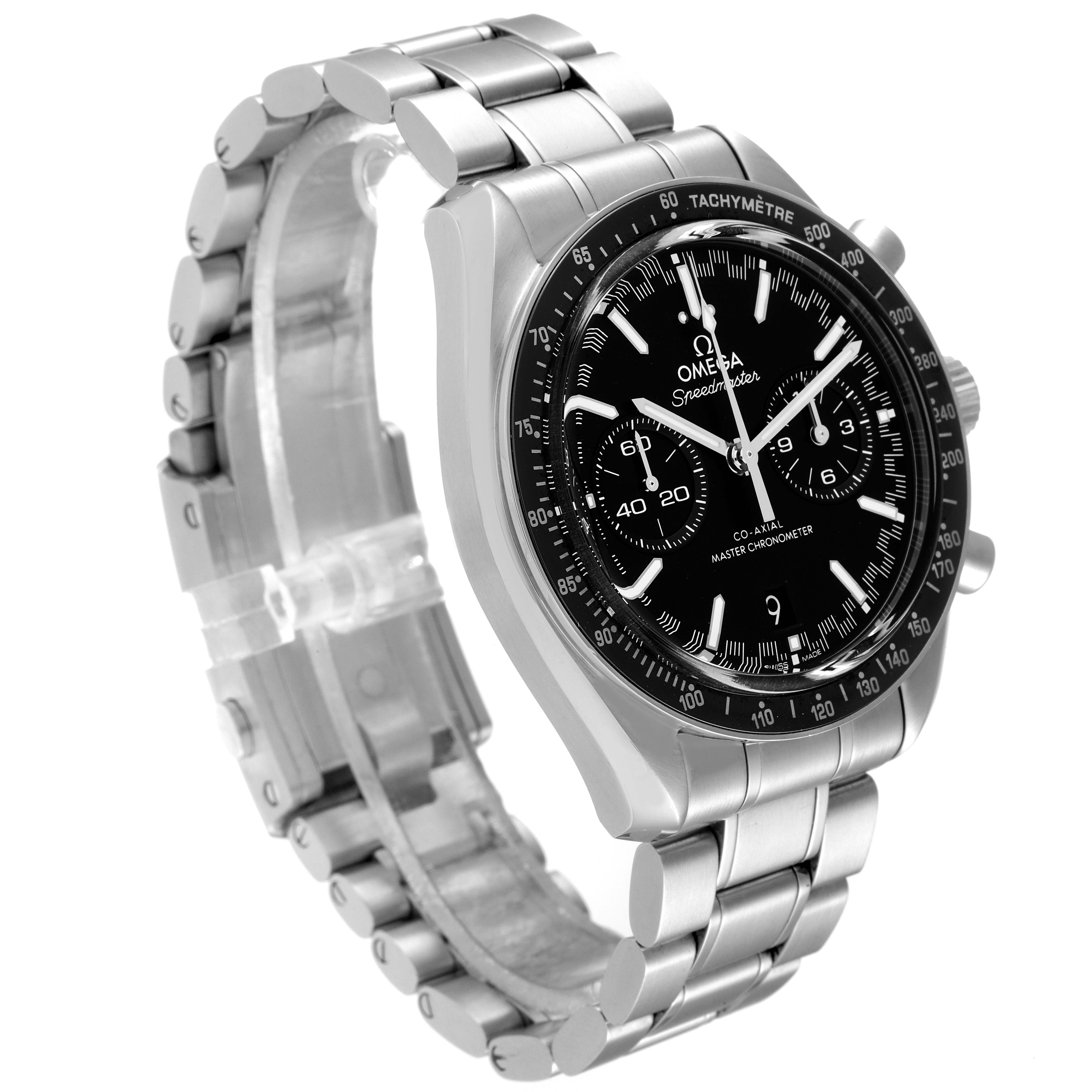 This image shows the Omega Speedmaster 329.30.44.51.01.001 Men's Stainless Steel Black Dial 329.30.44.51.01.001 Men's Stainless Steel Black Dial watch from a front-left angle, highlighting the face, bezel, and stainless steel bracelet.