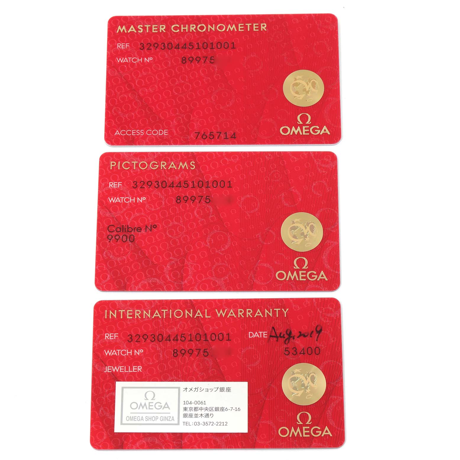 The image shows the Master Chronometer, Pictograms, and International Warranty cards for an Omega Speedmaster 329.30.44.51.01.001 Men's Stainless Steel Black Dial 329.30.44.51.01.001 Men's Stainless Steel Black Dial model.