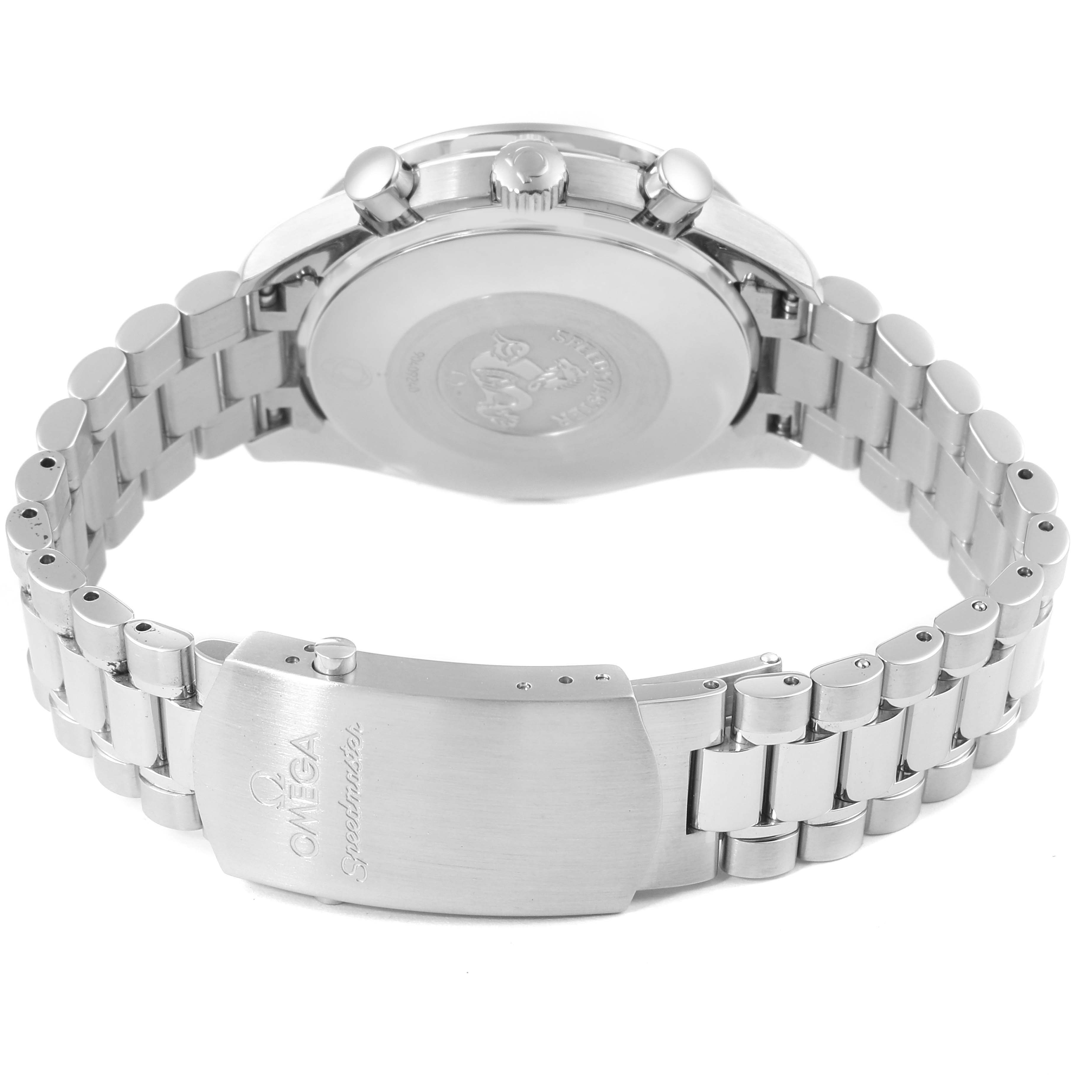 The image shows the back side of the Omega Speedmaster 3539.50.00 Men
s Stainless Steel Black Dial 3539.50.00 Men
s Stainless Steel Black Dial watch, highlighting its clasp and bracelet.