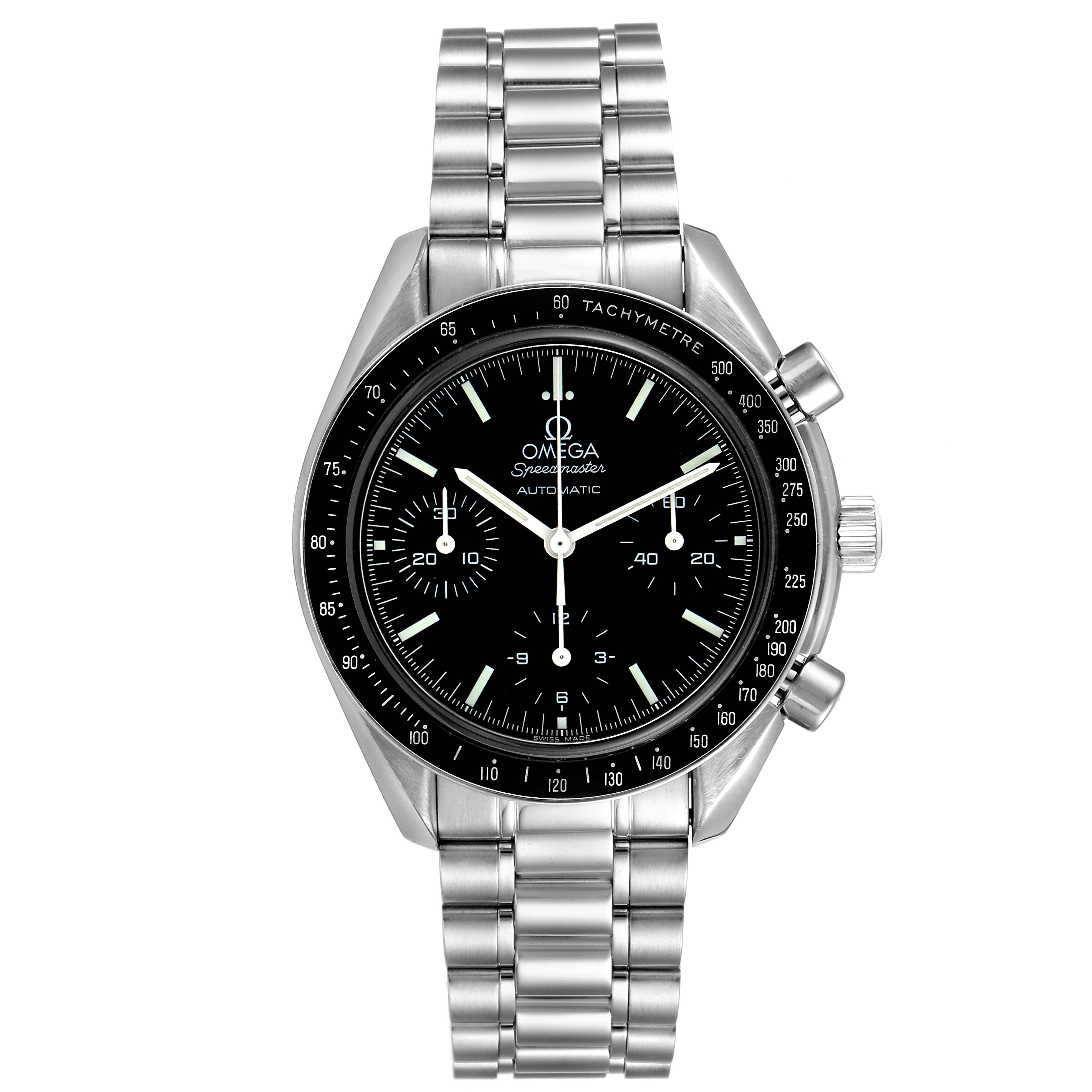 The image shows a front view of an Omega Speedmaster 3539.50.00 Men
s Stainless Steel Black Dial 3539.50.00 Men
s Stainless Steel Black Dial watch, displaying its face, chronographs, bezel, and metal bracelet.
