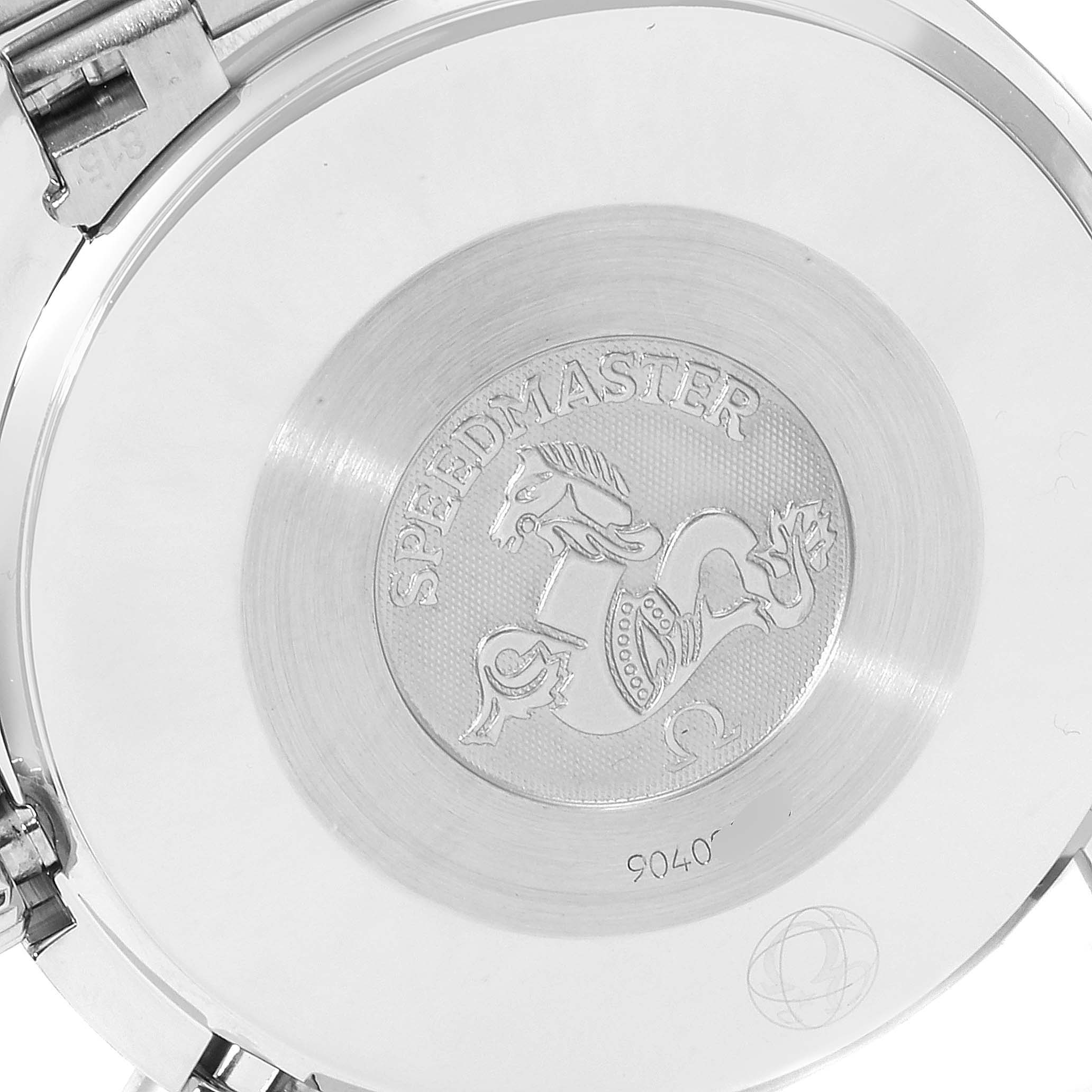 This image shows the back case of an Omega Speedmaster 3539.50.00 Men
s Stainless Steel Black Dial 3539.50.00 Men
s Stainless Steel Black Dial watch, highlighting the engraved logo and text.