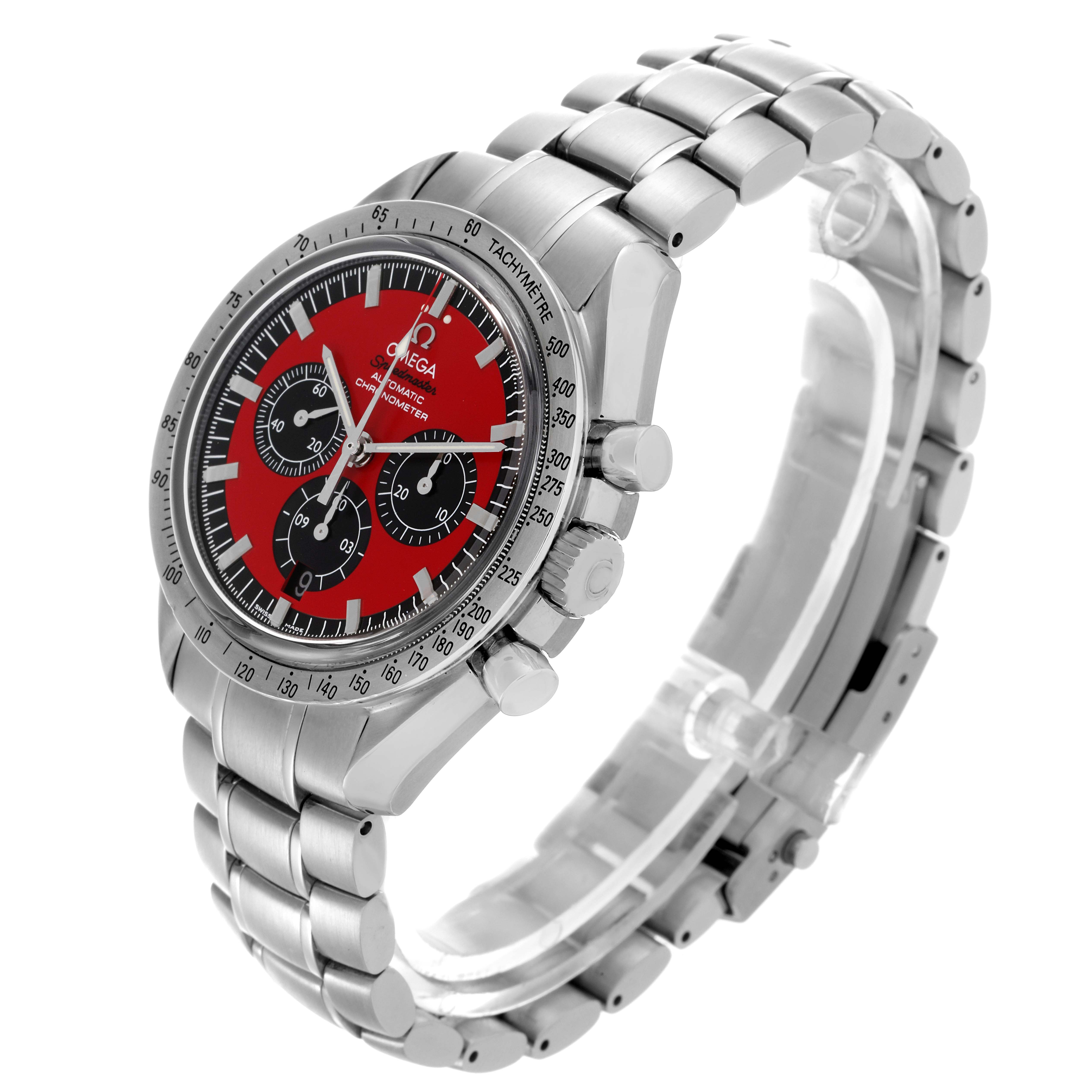 The Omega Speedmaster 3506.61.00 Men
s Stainless Steel Red Dial 3506.61.00 Men
s Stainless Steel Red Dial watch is shown at an angled side view highlighting the bezel, crown, pushers, dial, subdials, and bracelet.