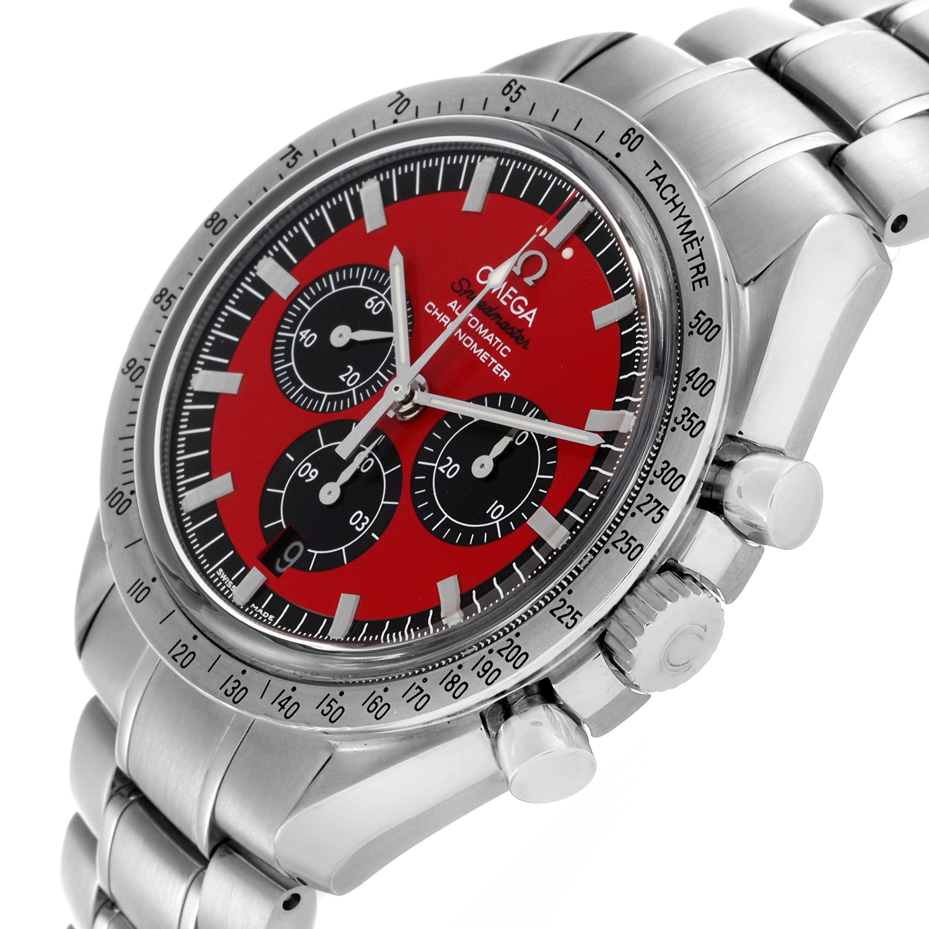 The Omega Speedmaster 3506.61.00 Men
s Stainless Steel Red Dial 3506.61.00 Men
s Stainless Steel Red Dial watch is shown at a slight angle, highlighting the dial, bezel, crown, and bracelet.
