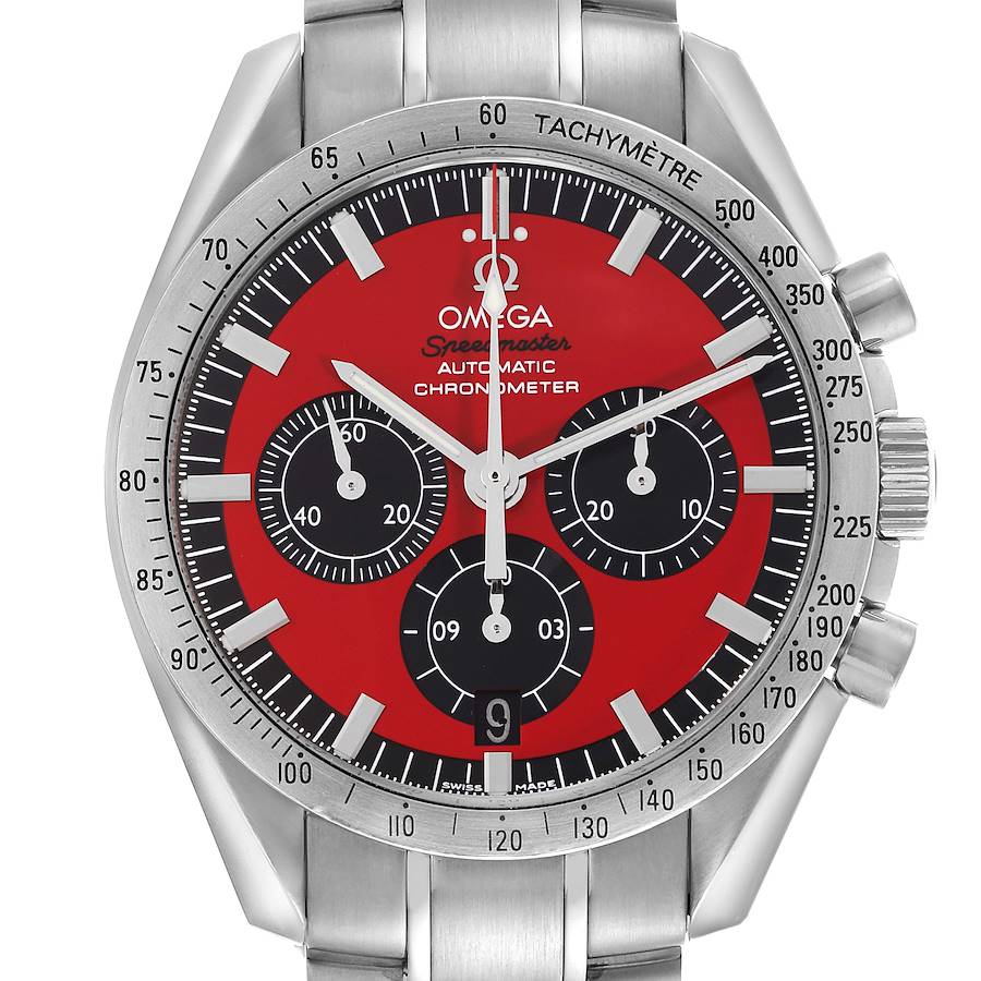 The image shows a front view of the Omega Speedmaster watch, highlighting its red dial, subdials, and tachymetric bezel.