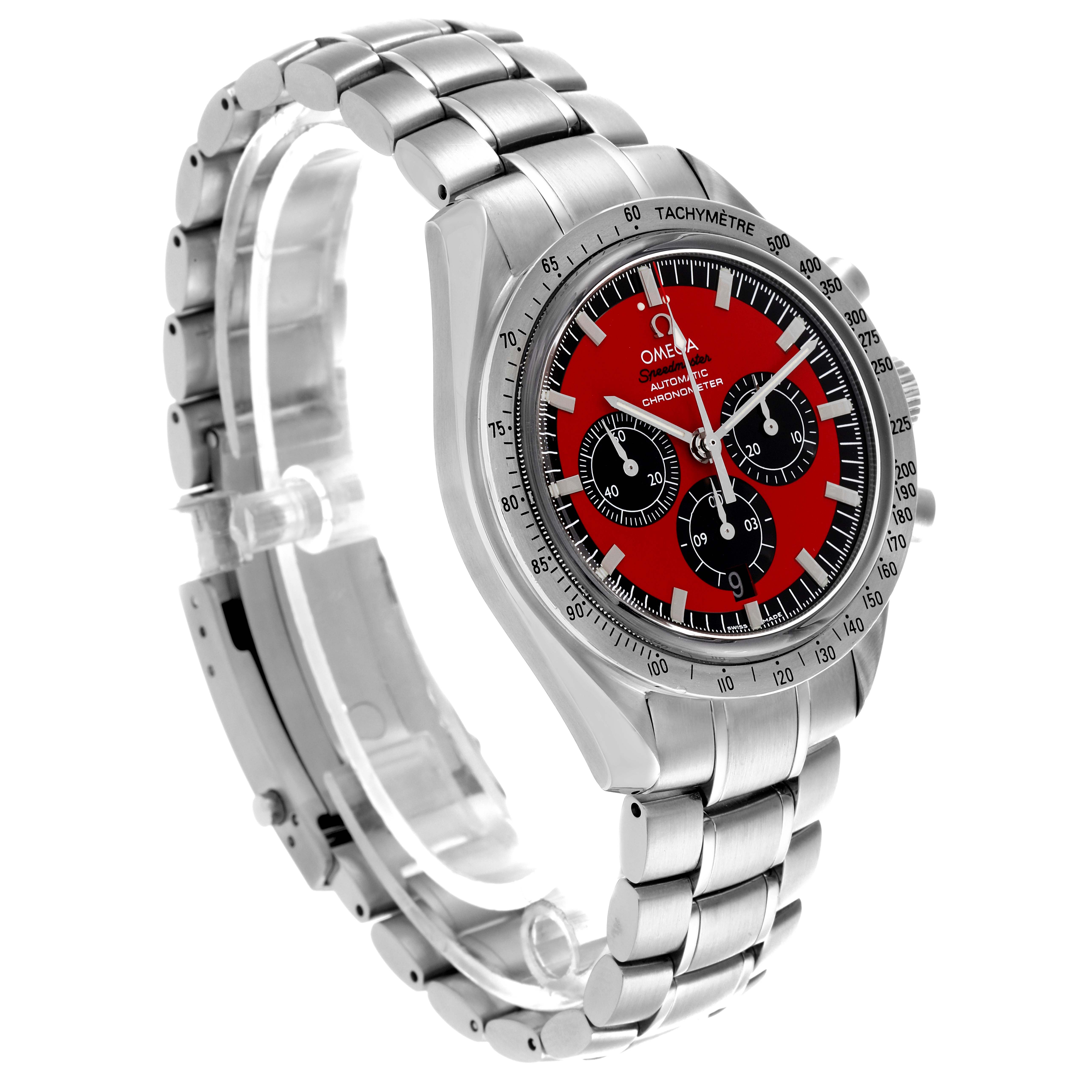 The Omega Speedmaster 3506.61.00 Men
s Stainless Steel Red Dial 3506.61.00 Men
s Stainless Steel Red Dial watch is shown at an angle highlighting the face, band, and tachymeter bezel.
