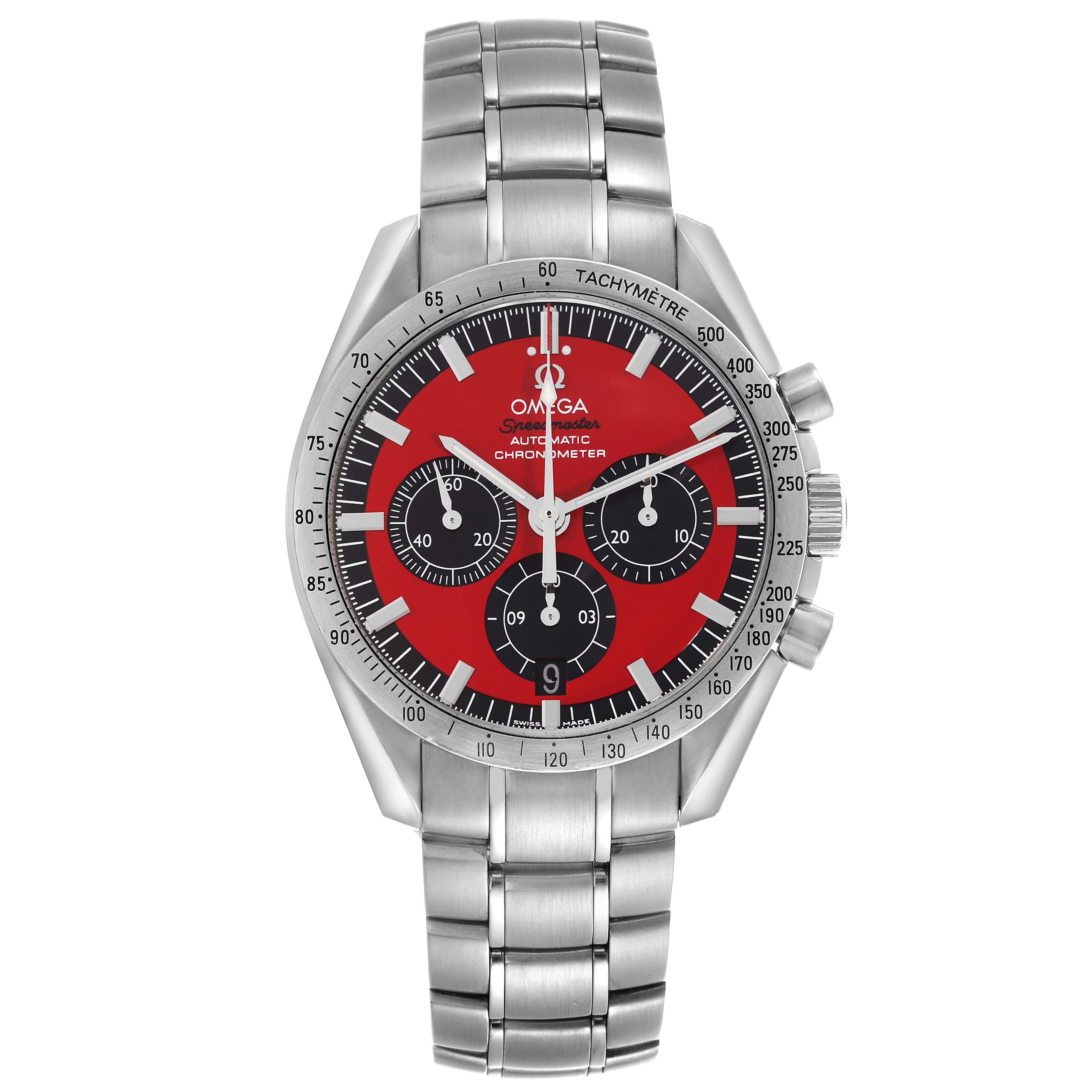 The Omega Speedmaster 3506.61.00 Men
s Stainless Steel Red Dial 3506.61.00 Men
s Stainless Steel Red Dial is shown from the front, displaying the dial, tachymeter bezel, and metal bracelet.