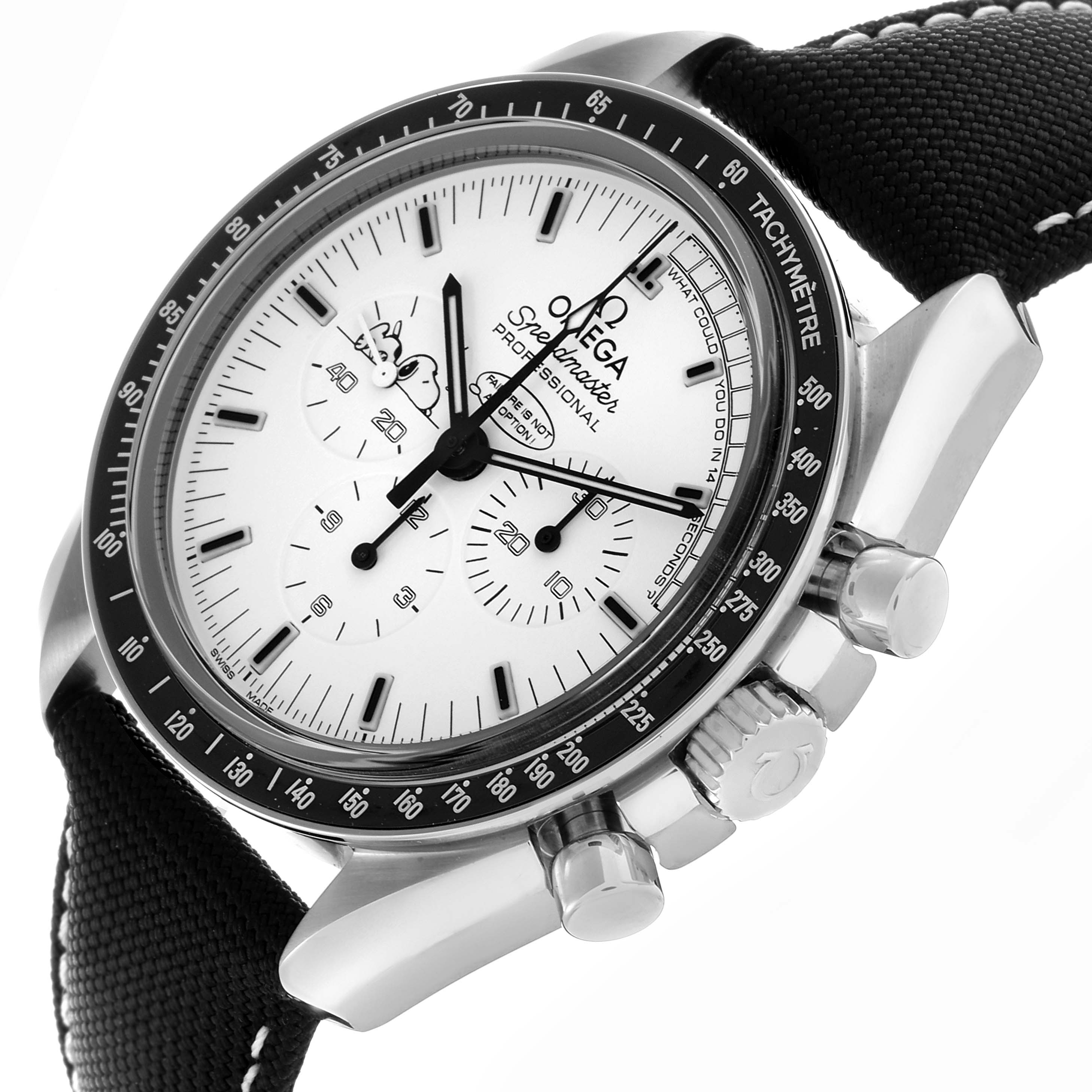 The Omega Speedmaster 311.30.42.30.04.003 Men's Stainless Steel White Dial 311.30.42.30.04.003 Men's Stainless Steel White Dial watch is shown at an angled side view, highlighting the face, tachymeter bezel, crown, and pushers.