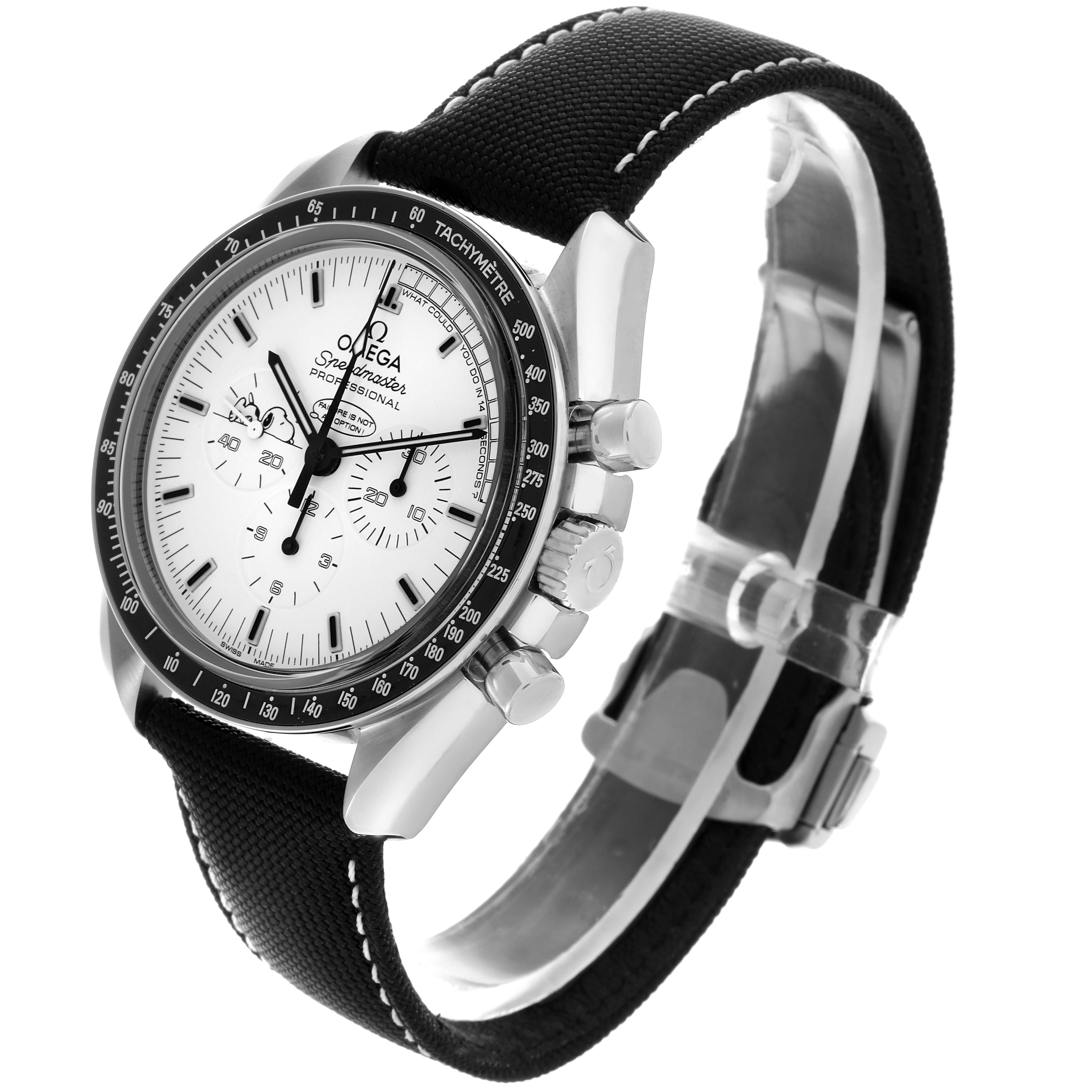 The Omega Speedmaster 311.30.42.30.04.003 Men's Stainless Steel White Dial 311.30.42.30.04.003 Men's Stainless Steel White Dial watch is shown at a slight side angle, featuring the face, bezel, crown, pushers, and strap.