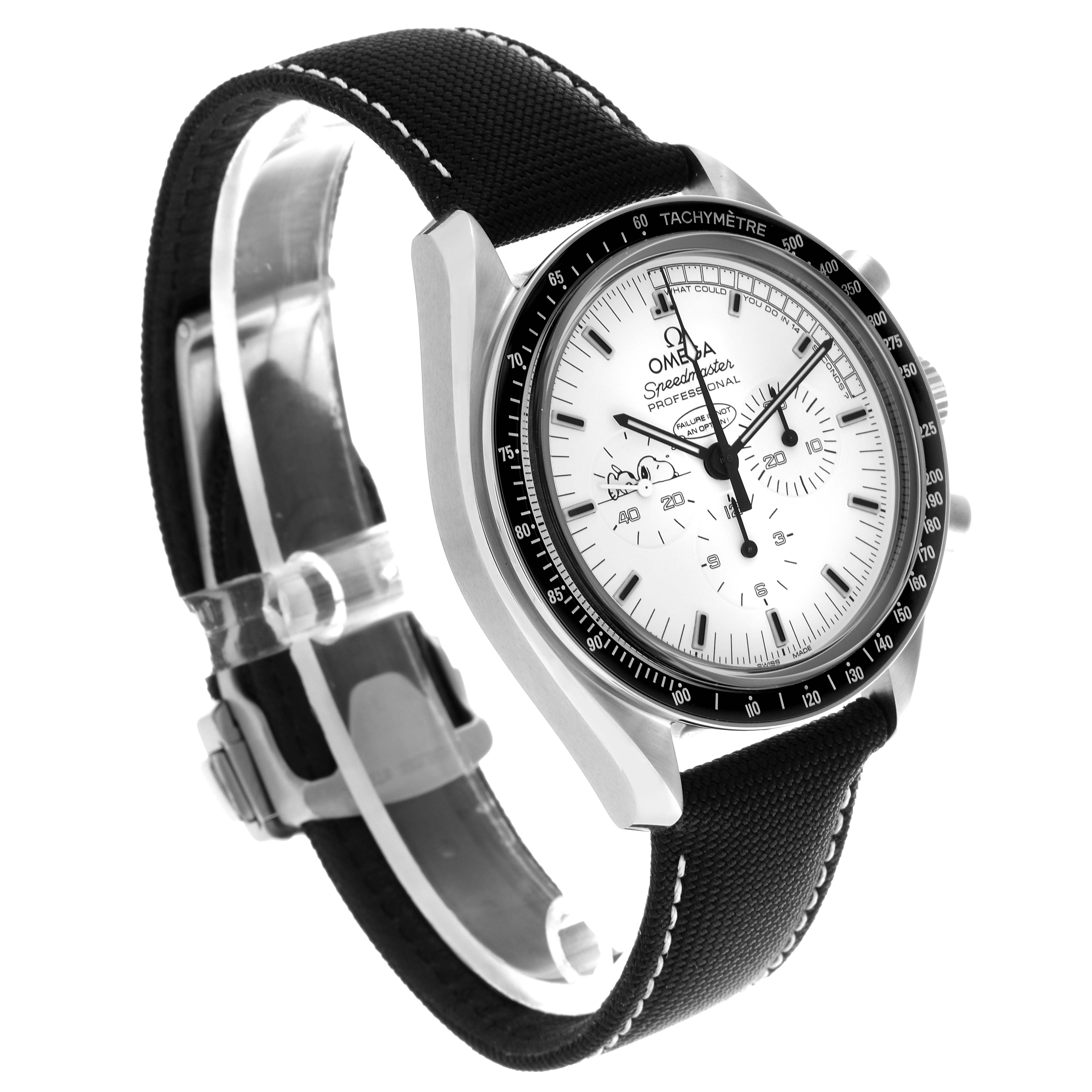 The Omega Speedmaster 311.30.42.30.04.003 Men's Stainless Steel White Dial 311.30.42.30.04.003 Men's Stainless Steel White Dial watch is shown at a three-quarter angle displaying the dial, bezel, pushers, and part of the strap.